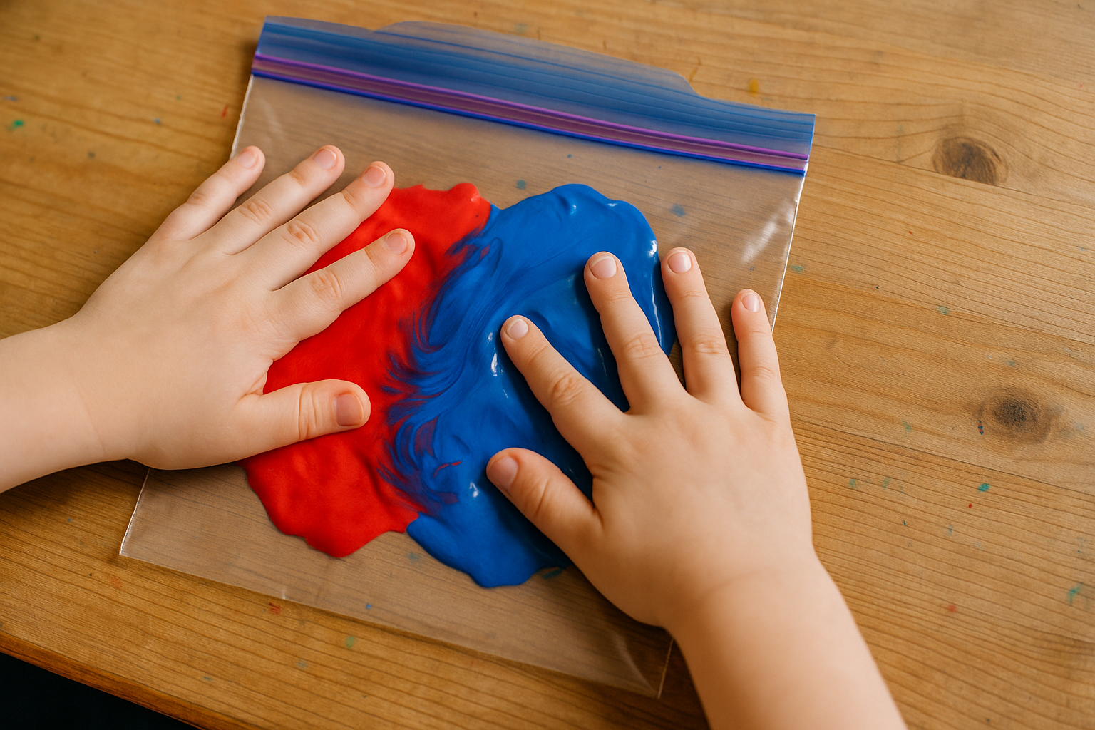 Expérience sensorielle : rouge et bleu se mélangent dans un sachet fermé