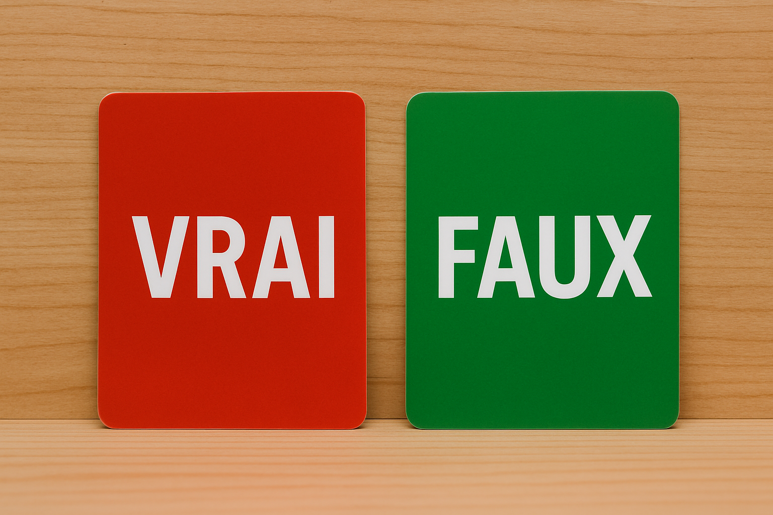 Cartons VRAI et FAUX en gros plan sur fond bois.