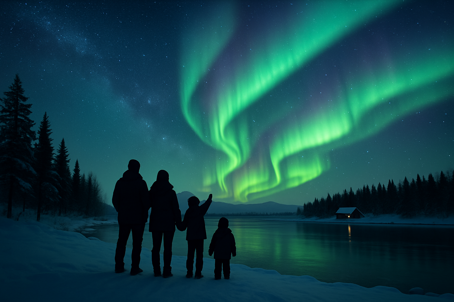 Famille silhouettée regardant une aurore boréale au bord d'un lac enneigé