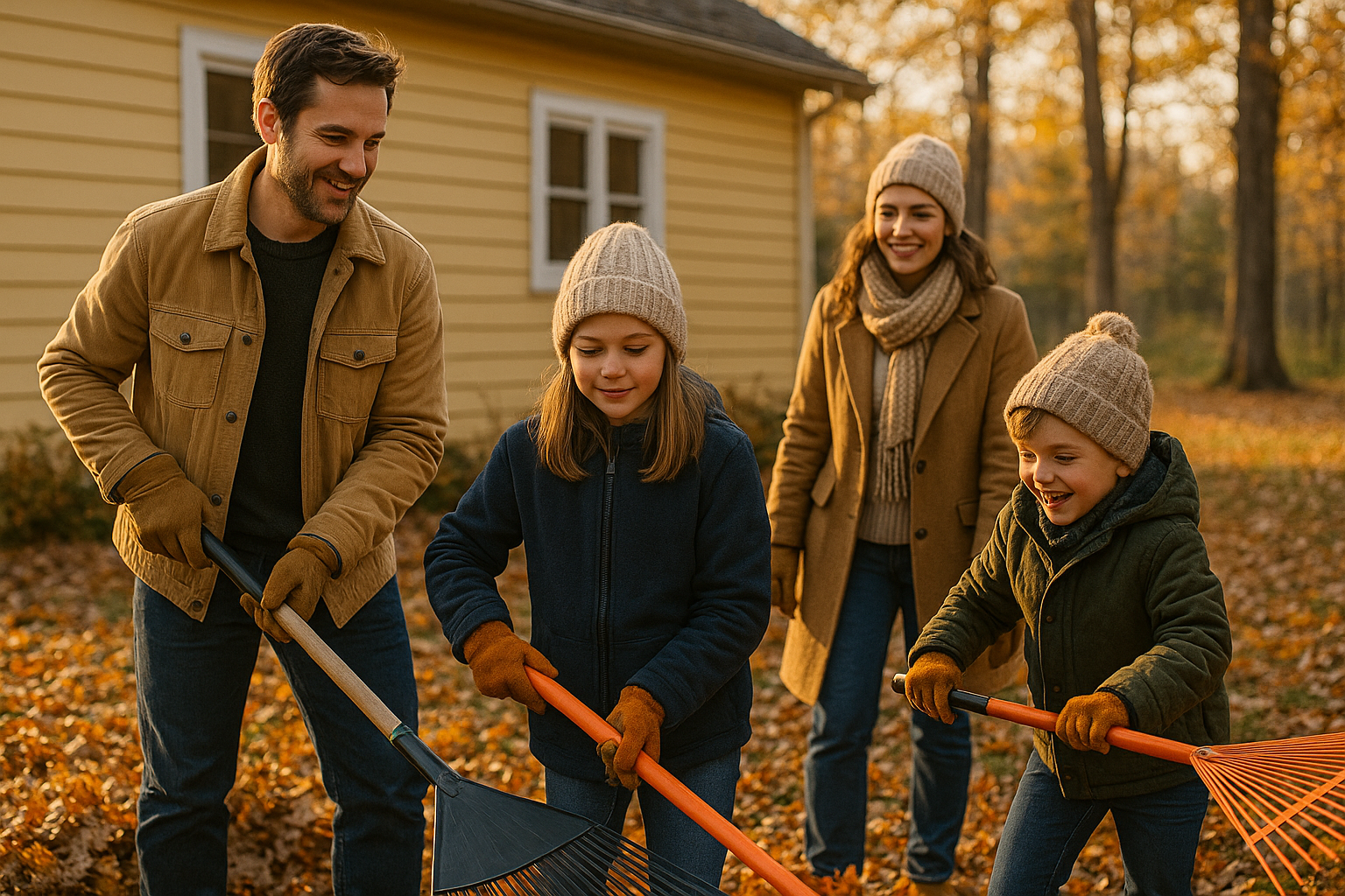 Famille rassemblant des feuilles au râteau dans le jardin, activité d'automne en novembre