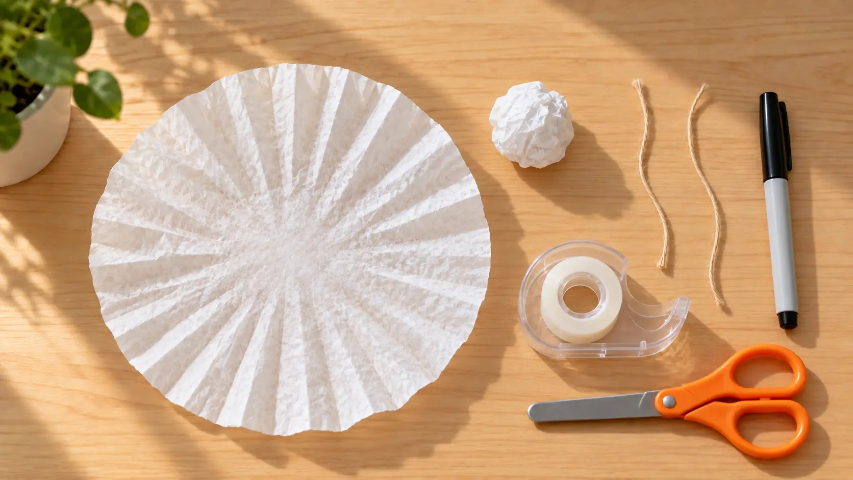 Filtre à café blanc, boule de papier, ficelle et feutre noir