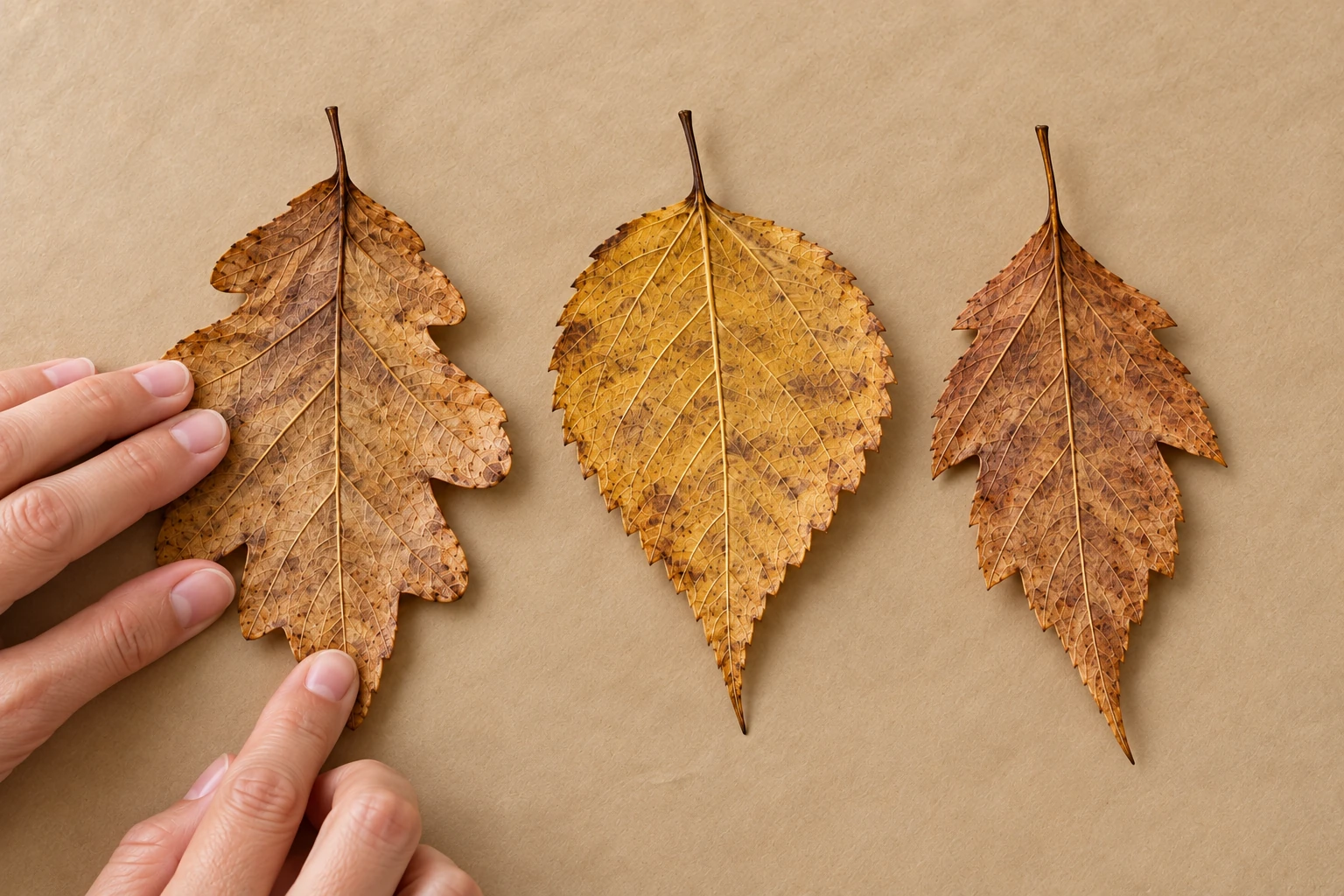 Trois feuilles mortes sèches à plat avant peinture