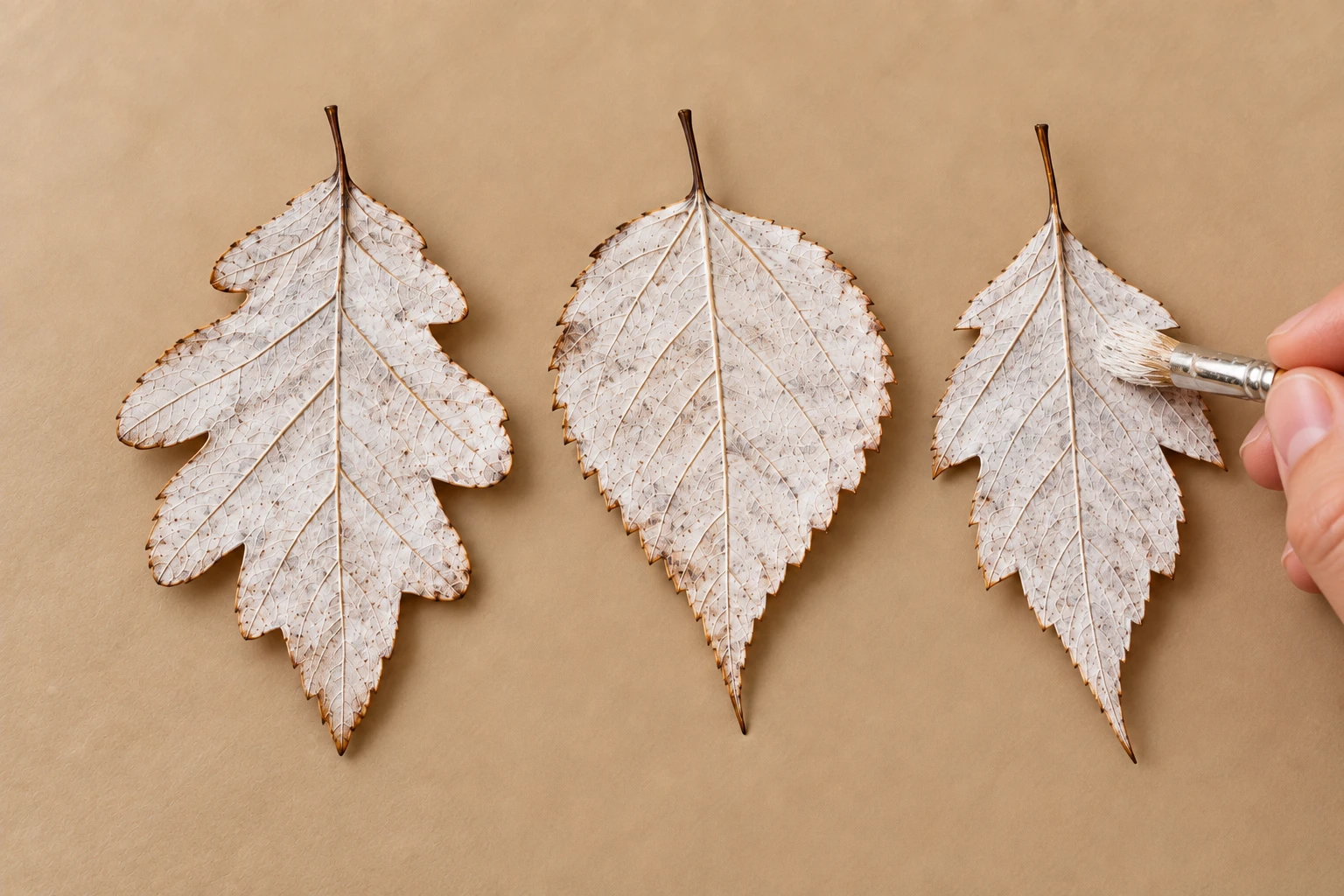 Deux feuilles mortes peintes en blanc et une feuille encore naturelle