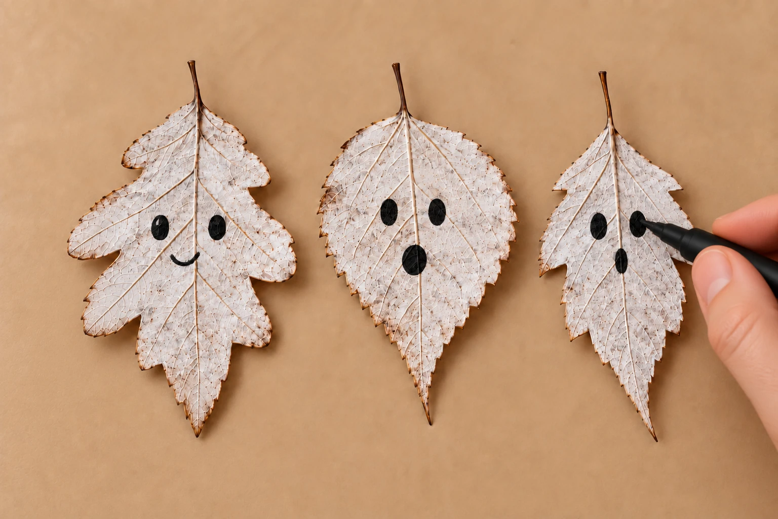 Trois feuilles fantômes blanches avec expressions simples