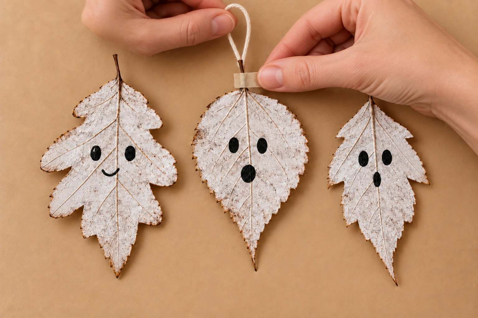 Trois fantômes en feuilles suspendus par leurs pétioles