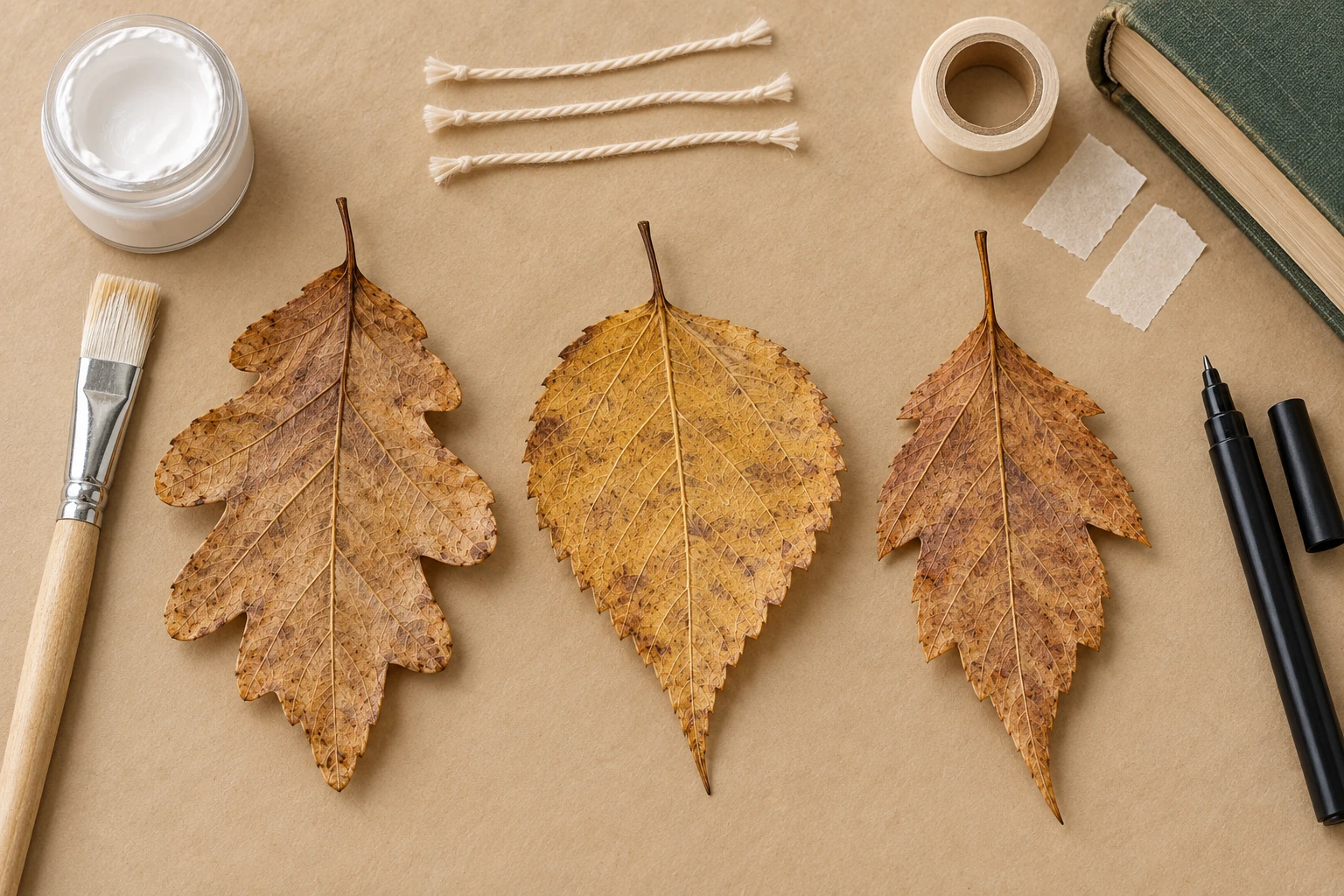 Trois feuilles tombées, peinture claire et pinceau pour des fantômes Halloween