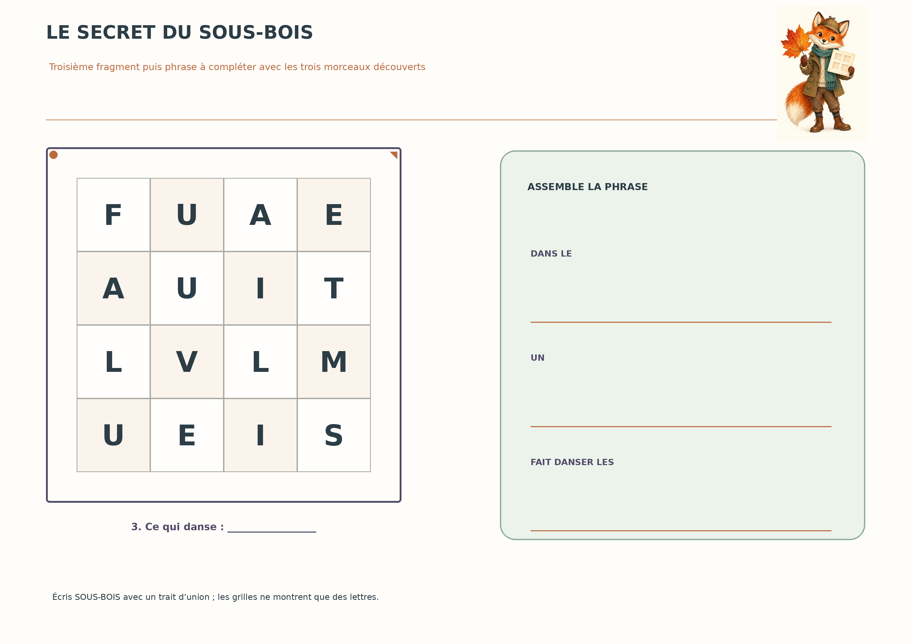 Troisième grille d’automne et emplacement pour assembler les trois fragments de la phrase