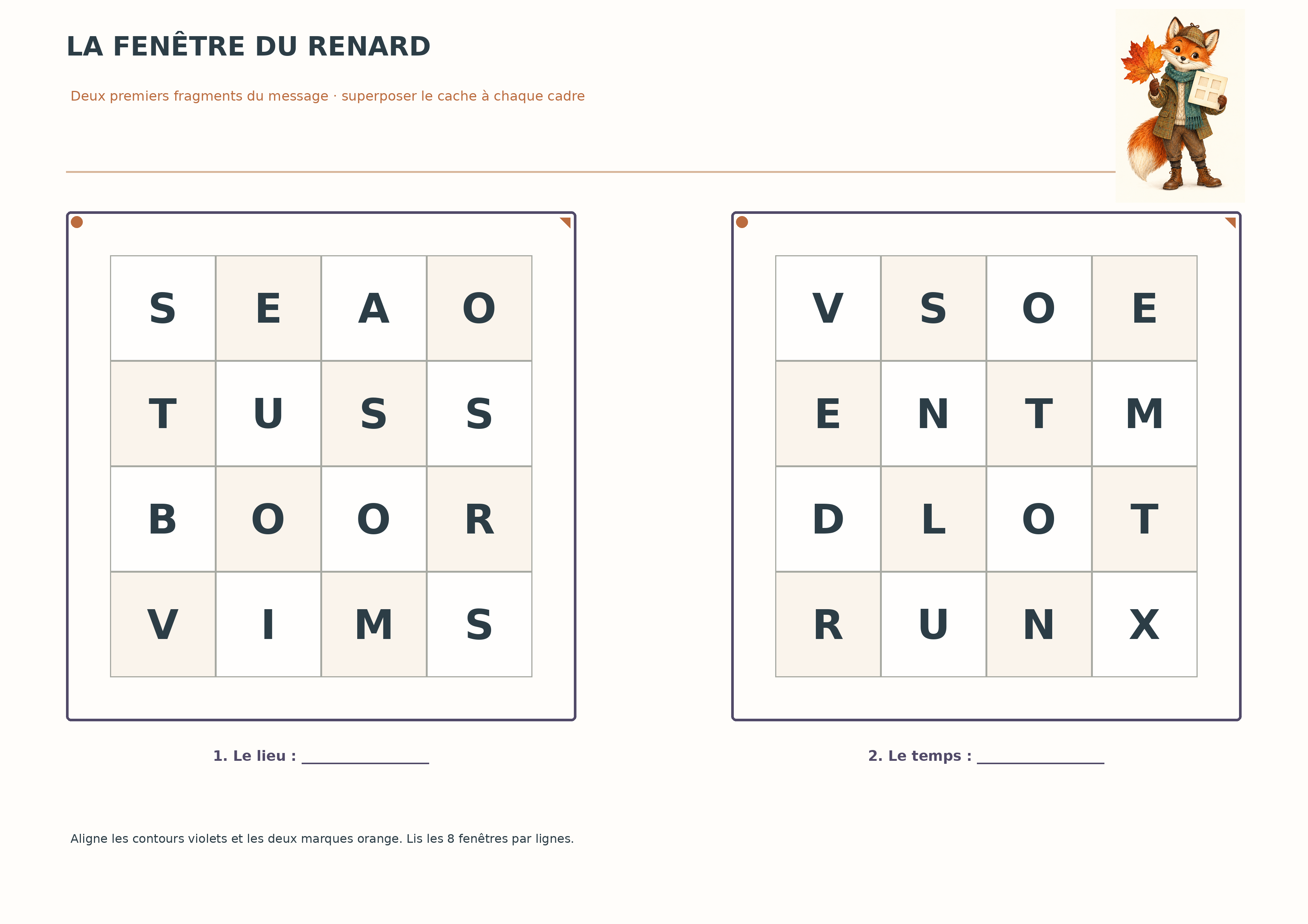 Deux grilles A4 d’automne à déchiffrer avec le cache en papier du renard