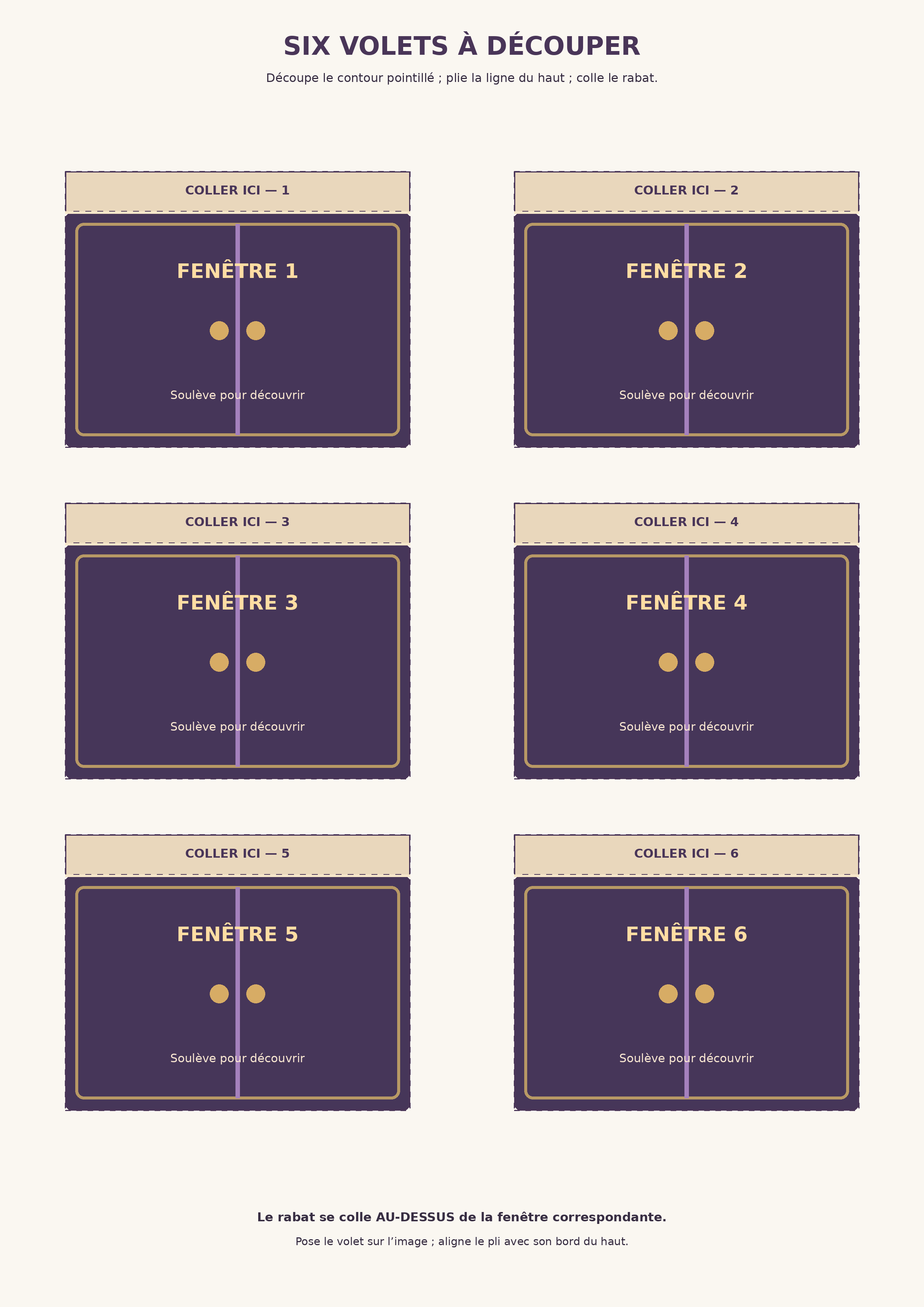 Planche A4 de six grands volets violets avec rabats à coller au-dessus des fenêtres