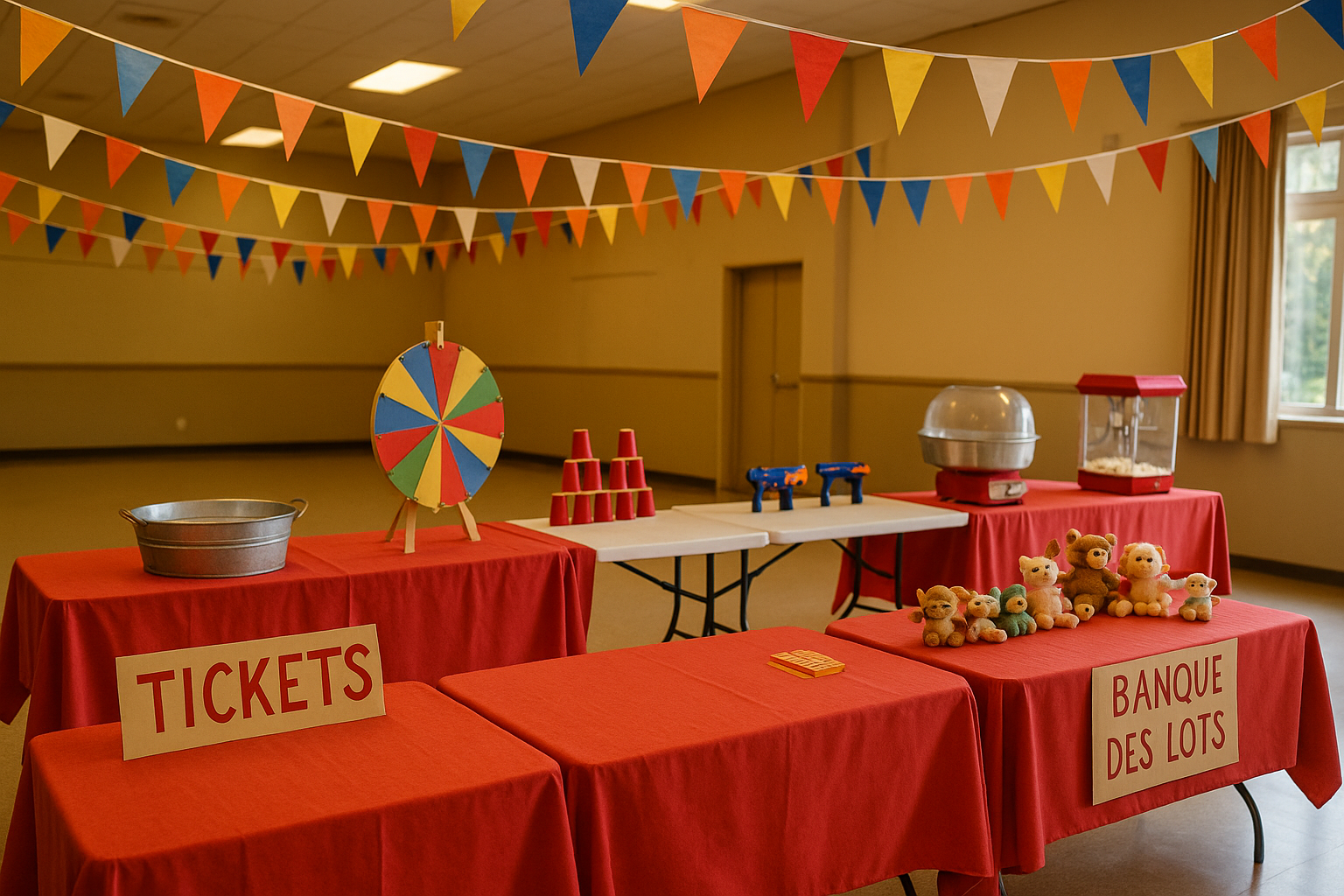 Ambiance fête foraine : fanions, stands, tickets, banque des lots (vue d'ensemble, format paysage)