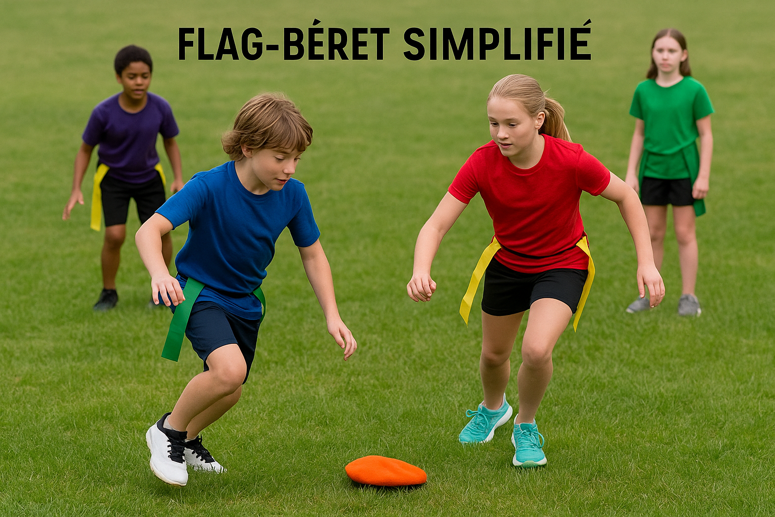 Enfants sur pelouse portant des ceintures à flags et courant vers un béret
