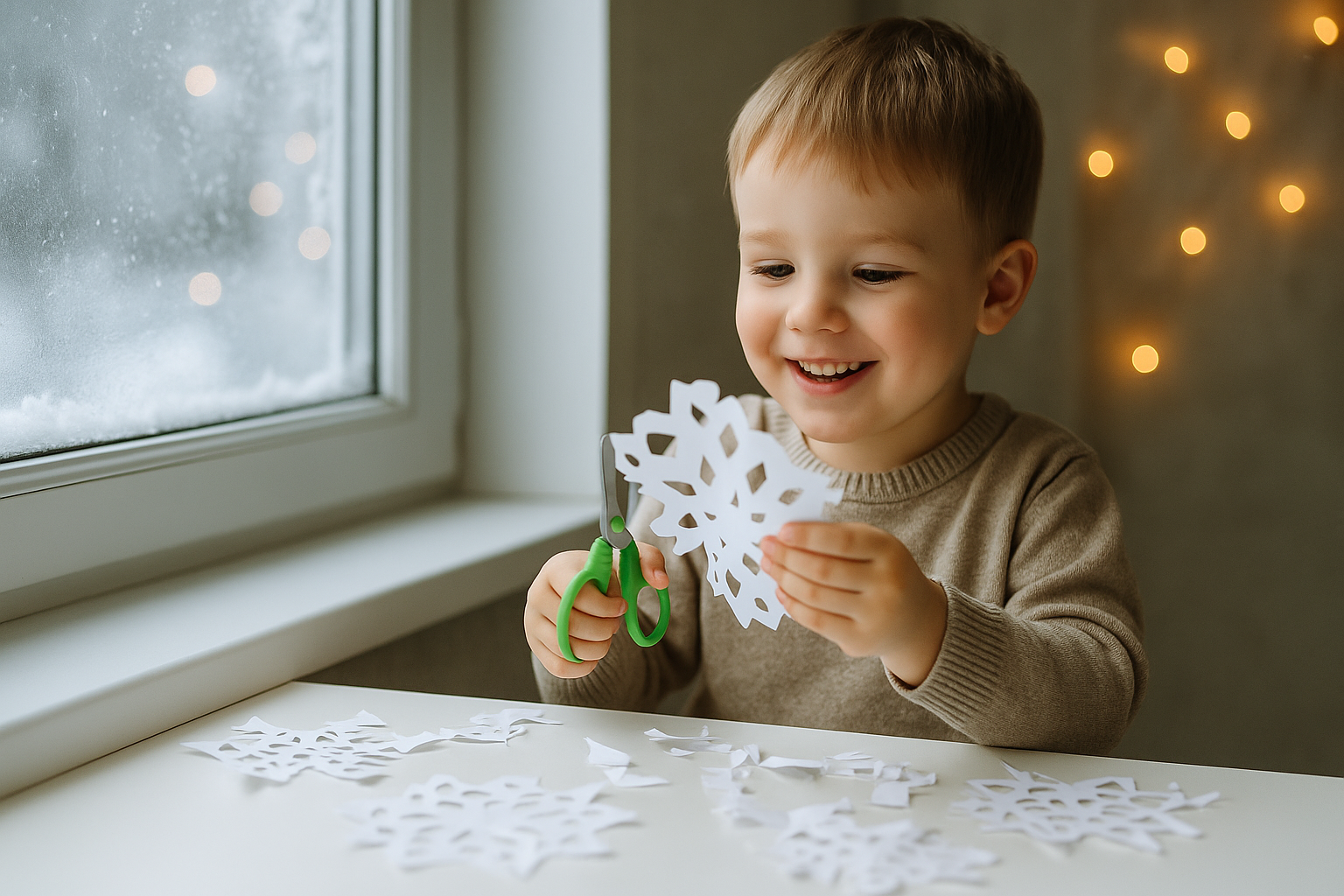 Enfant découpant des flocons de neige en papier près d'une fenêtre givrée