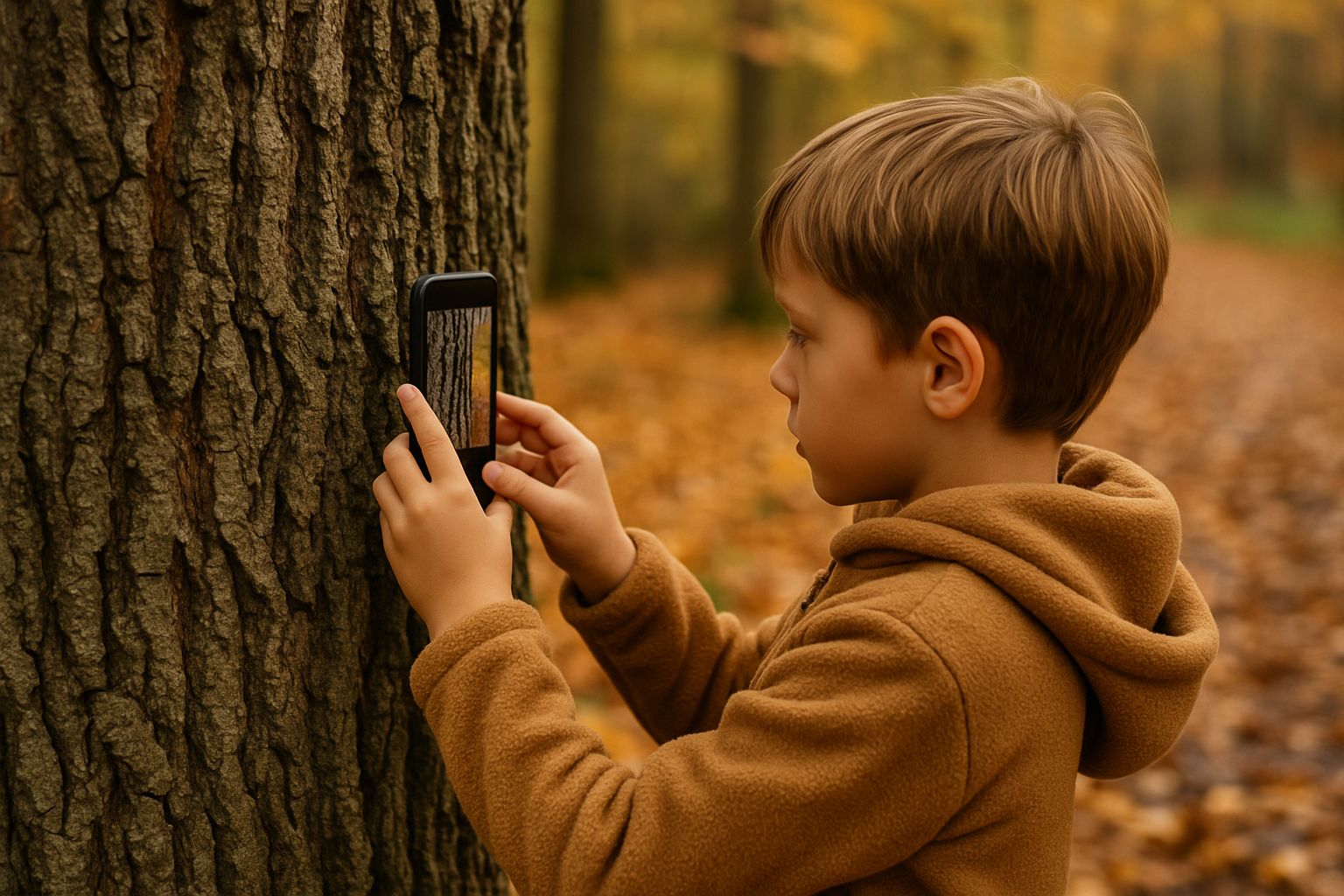 Enfants observant la forêt en automne, tapis de feuilles colorées.
