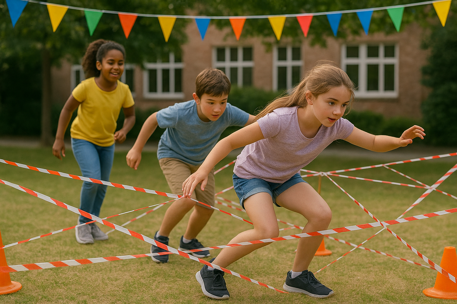 Enfants traversant un labyrinthe de rubans façon toile d'araignée