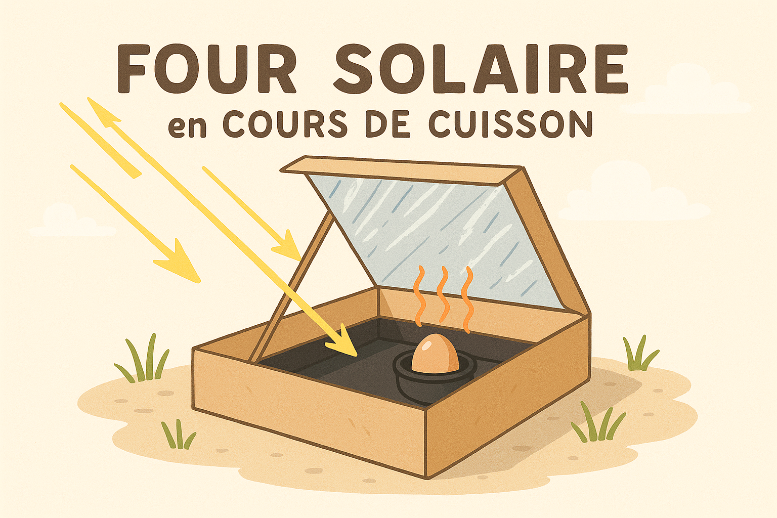 Four solaire en cours de cuisson avec œuf et chaleur piégée