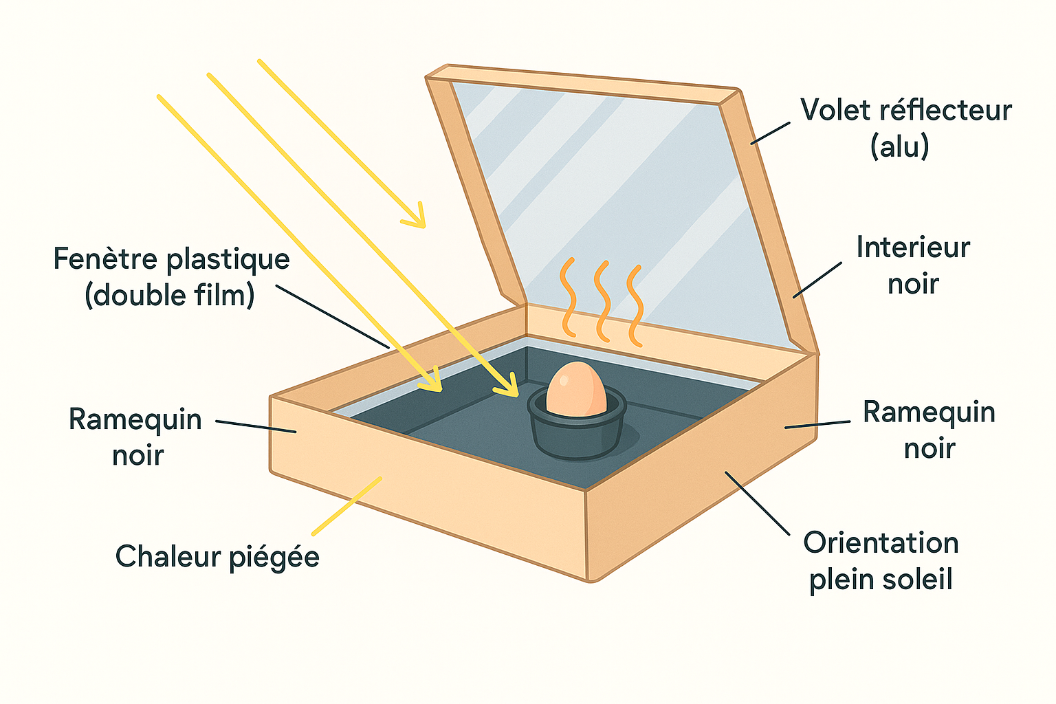 Schéma du four solaire boîte à pizza : fenêtre, réflecteur, ramequin noir