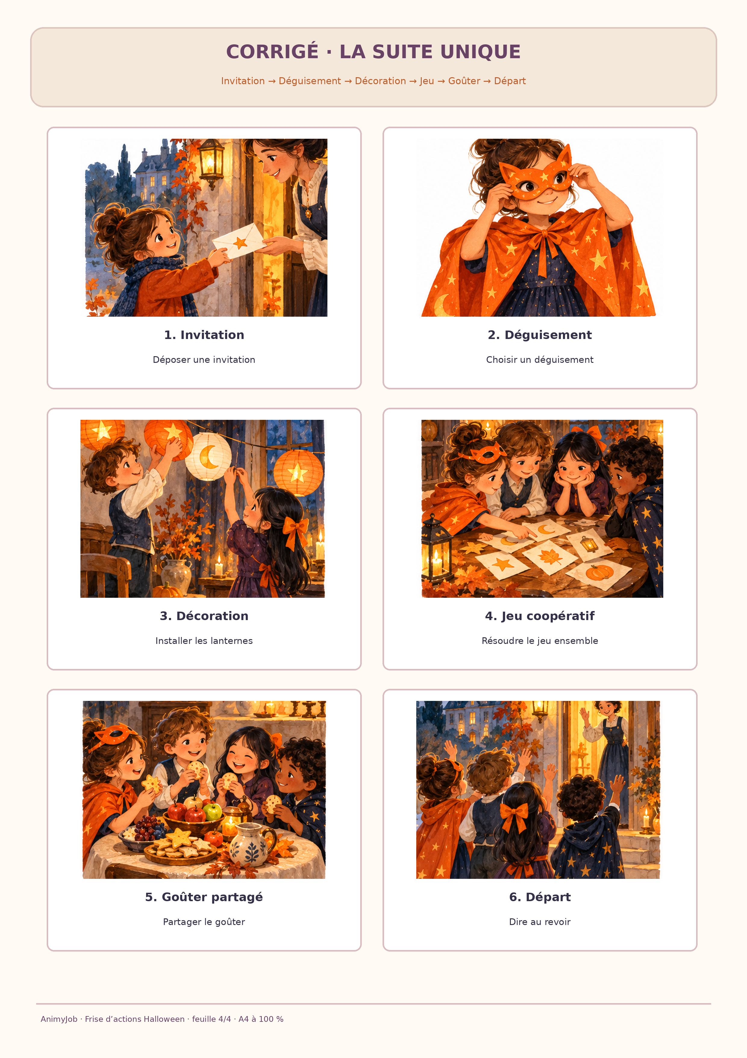 Corrigé illustré de la frise : invitation, déguisement, décoration, jeu, goûter, départ