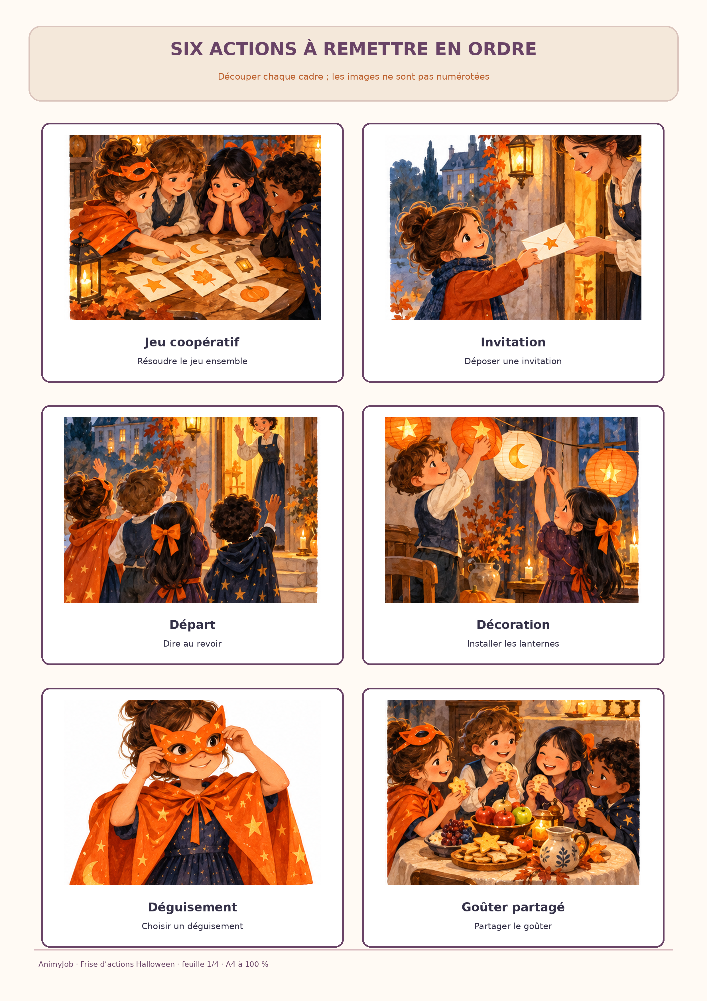 Six cartes illustrées Halloween dans le désordre : jeu, invitation, départ, décoration, déguisement et goûter