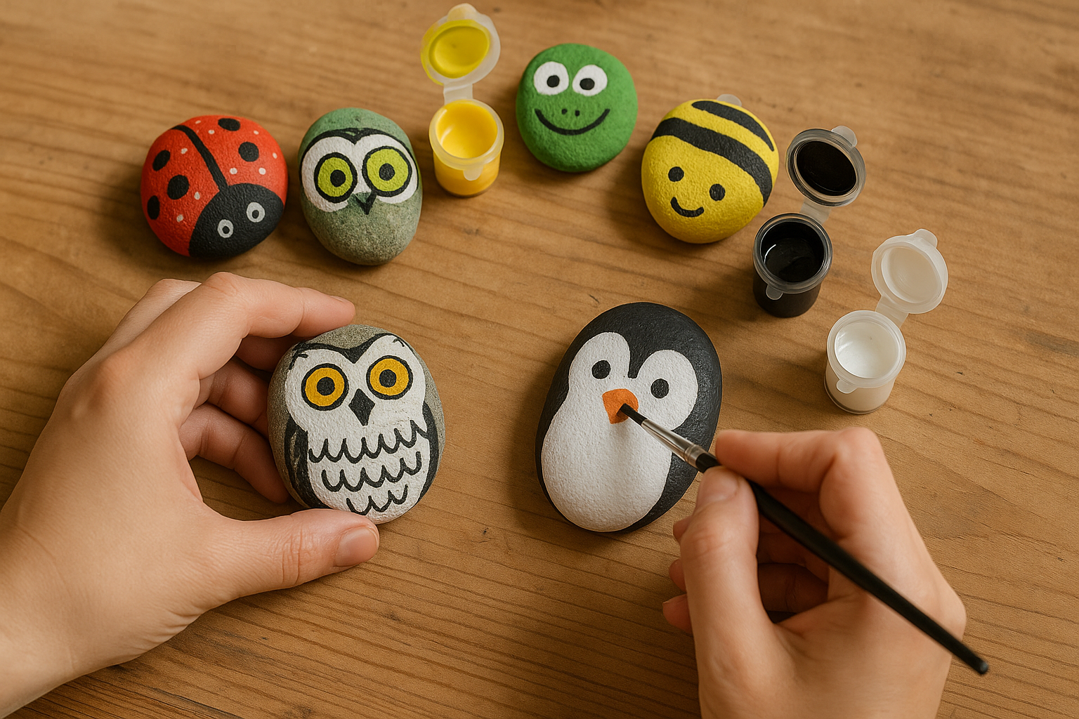 Galets peints en coccinelle, abeille, hibou et manchot sur une table