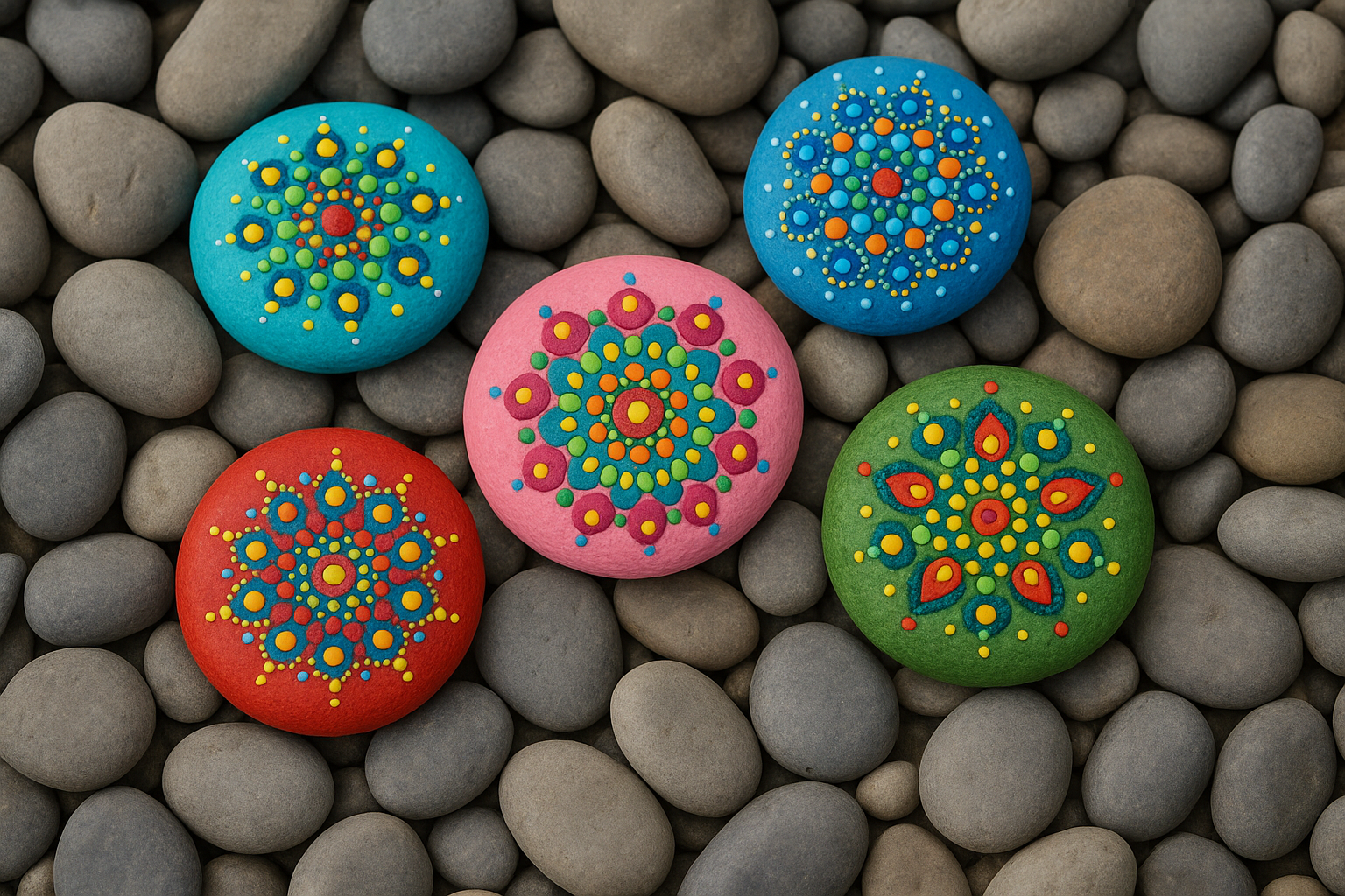 Gros plan sur des galets peints en mandalas colorés réalisés par des enfants