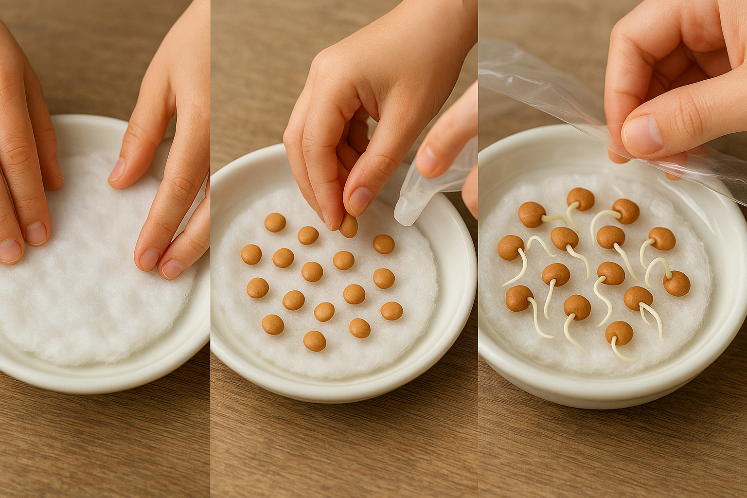 Triptyque des étapes de germination sur coton avec enfant
