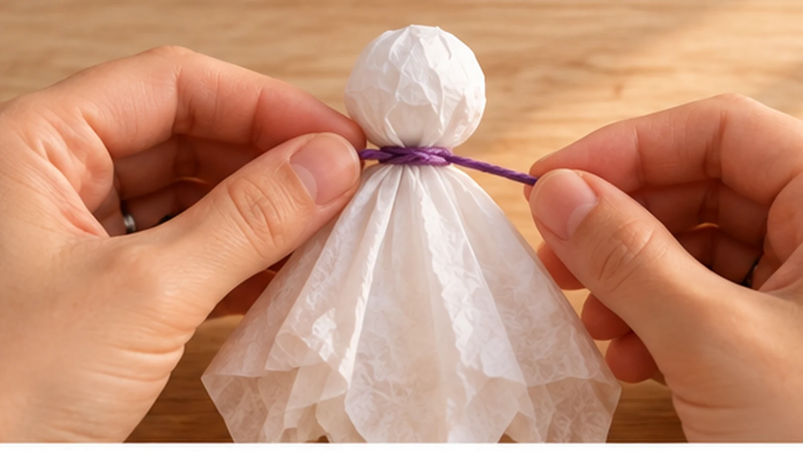 Lien violet noué à la base de la tête d'un fantôme en papier de soie