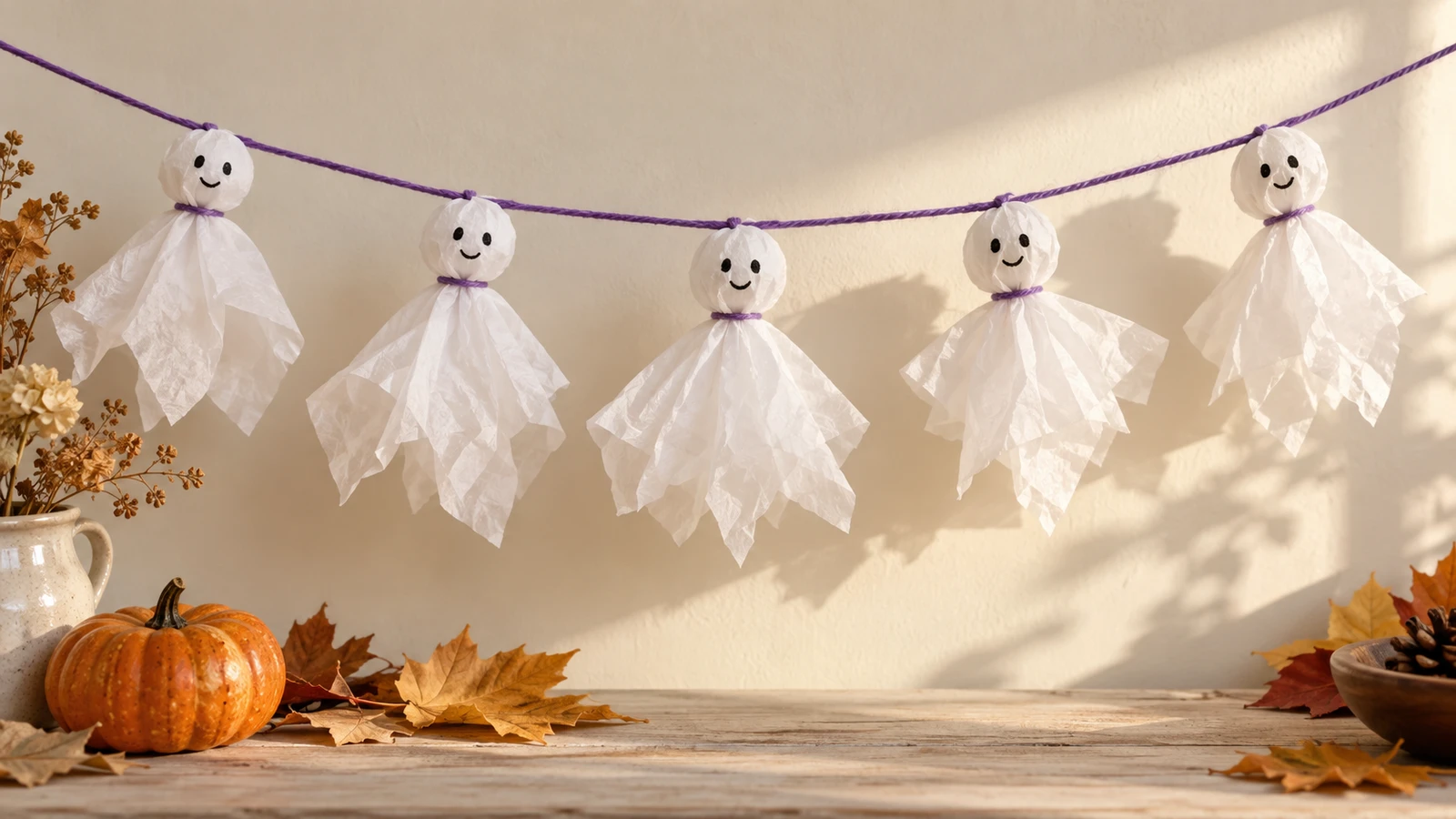 Cinq fantômes blancs en papier de soie suspendus à un cordon violet