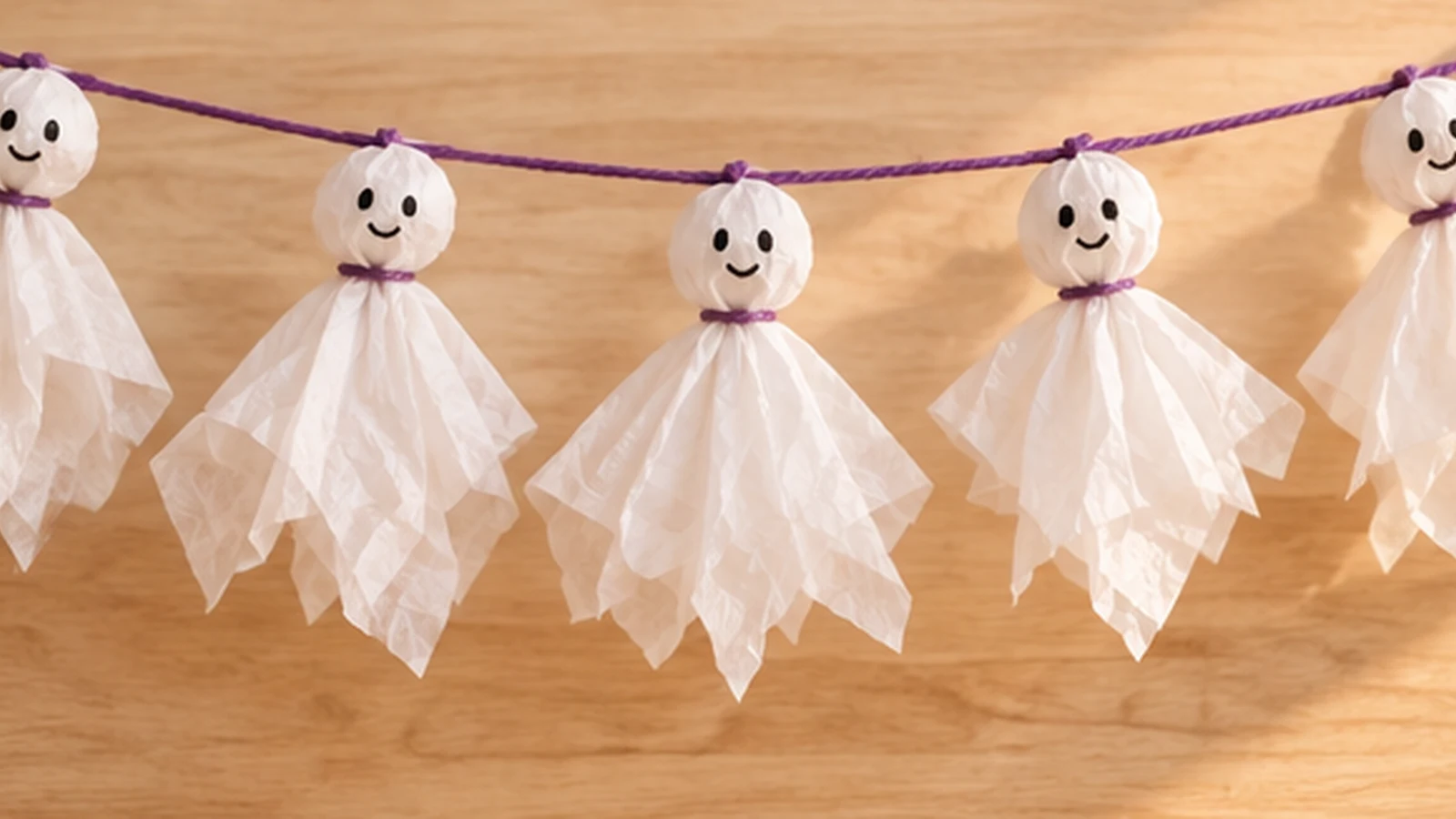 Cinq fantômes en papier de soie accrochés régulièrement à la guirlande violette