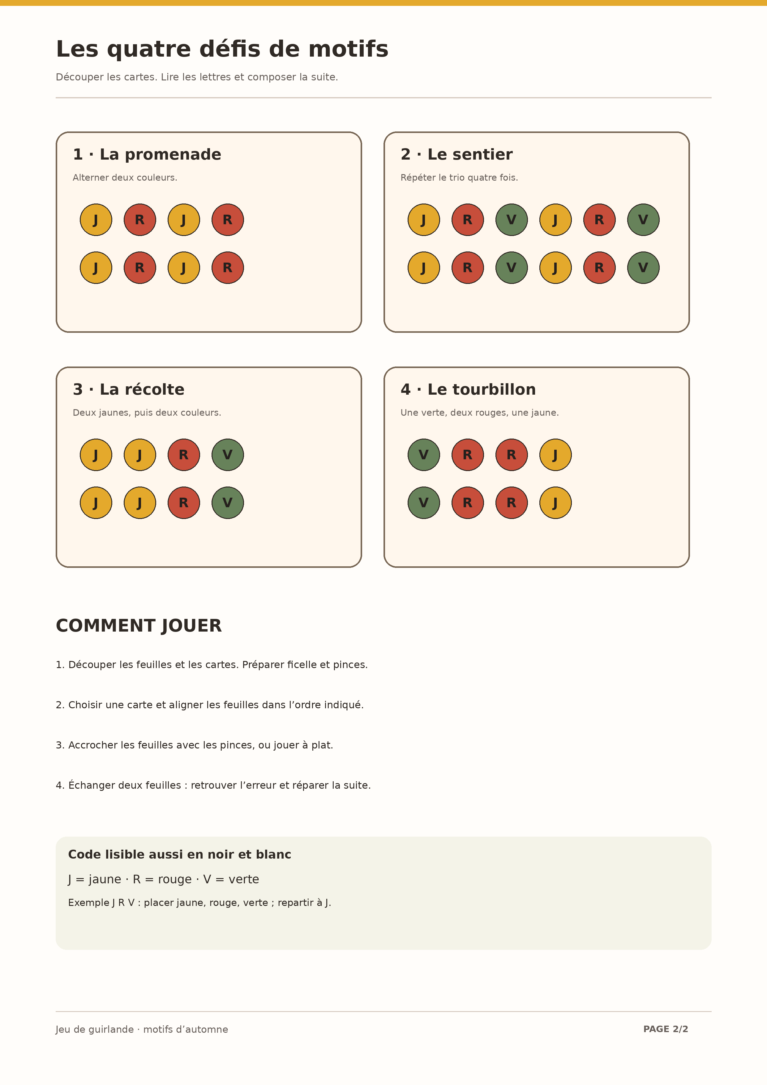 Quatre cartes avec suites exactes de couleurs et notice de jeu