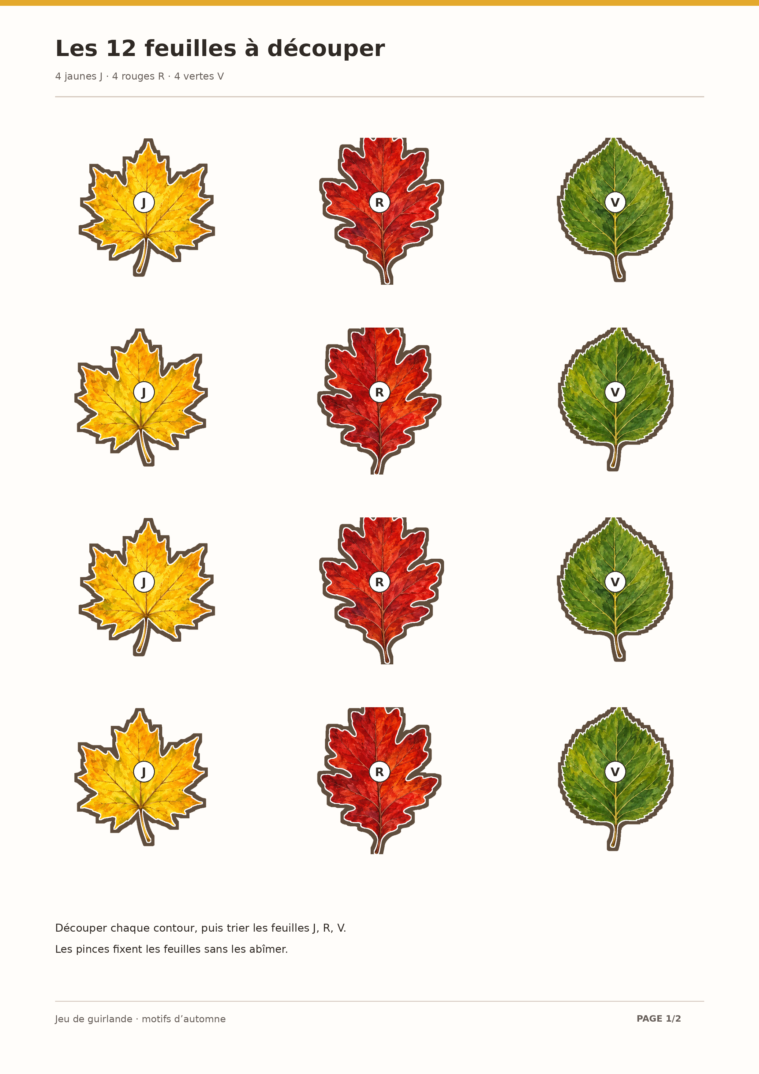 Douze feuilles indépendantes avec lettres J R et V à découper