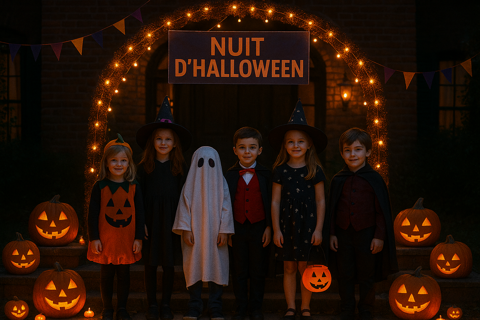 Enfants en costumes d’Halloween devant une arche lumineuse avec citrouilles