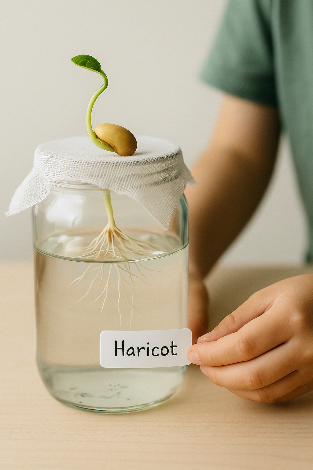 Haricot en hydroculture dans un bocal, racines visibles et étiquette Haricot