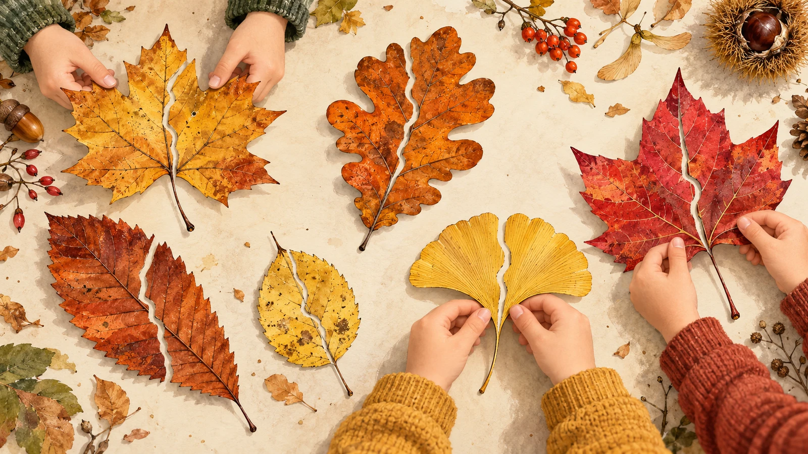 AUTOMNE : herbier à réparer, six feuilles en douze cartes