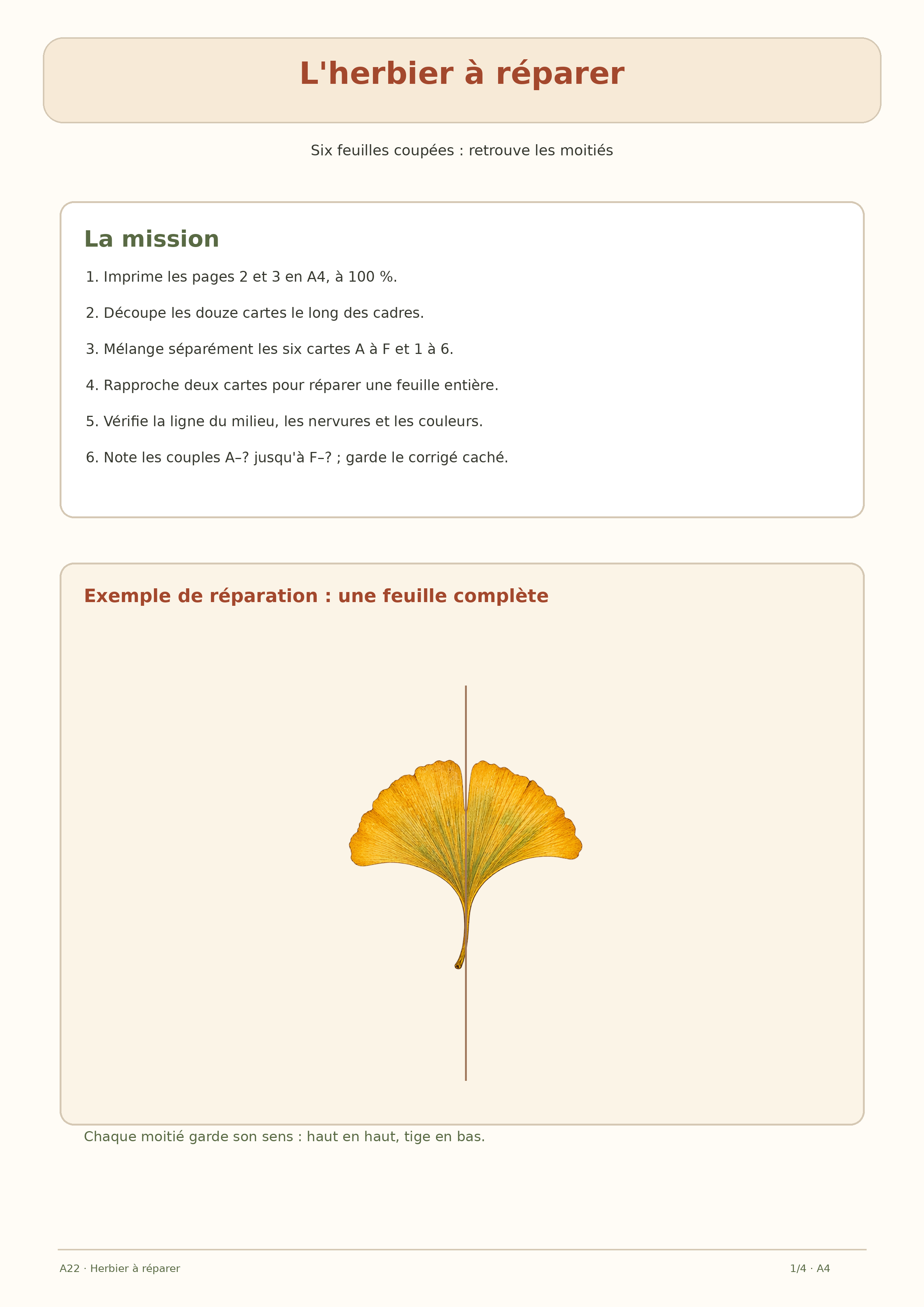 Mode d’emploi A4 de l’herbier à réparer avec exemple de feuille reconstituée