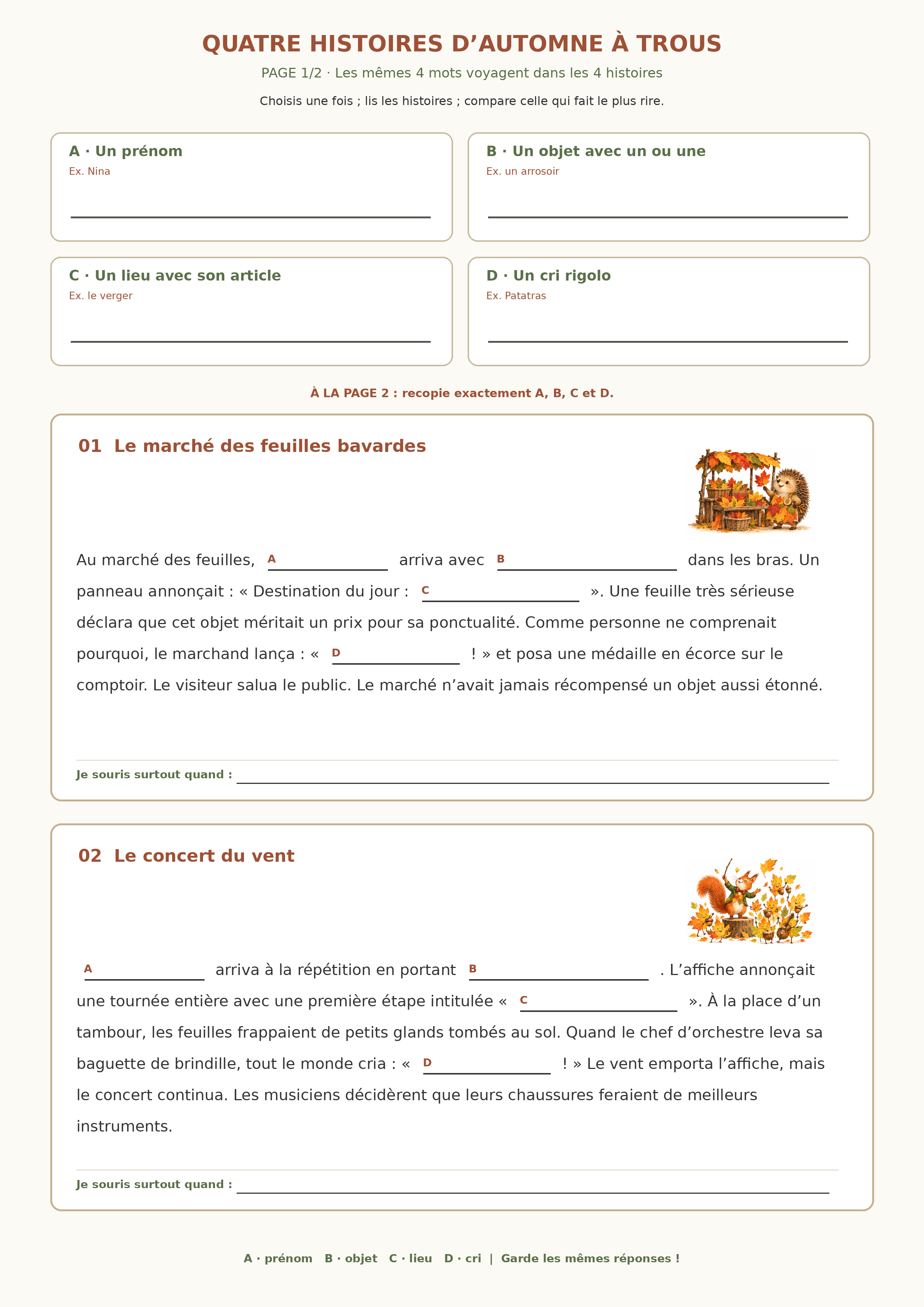Première page A4 avec quatre mots communs et deux histoires drôles à compléter