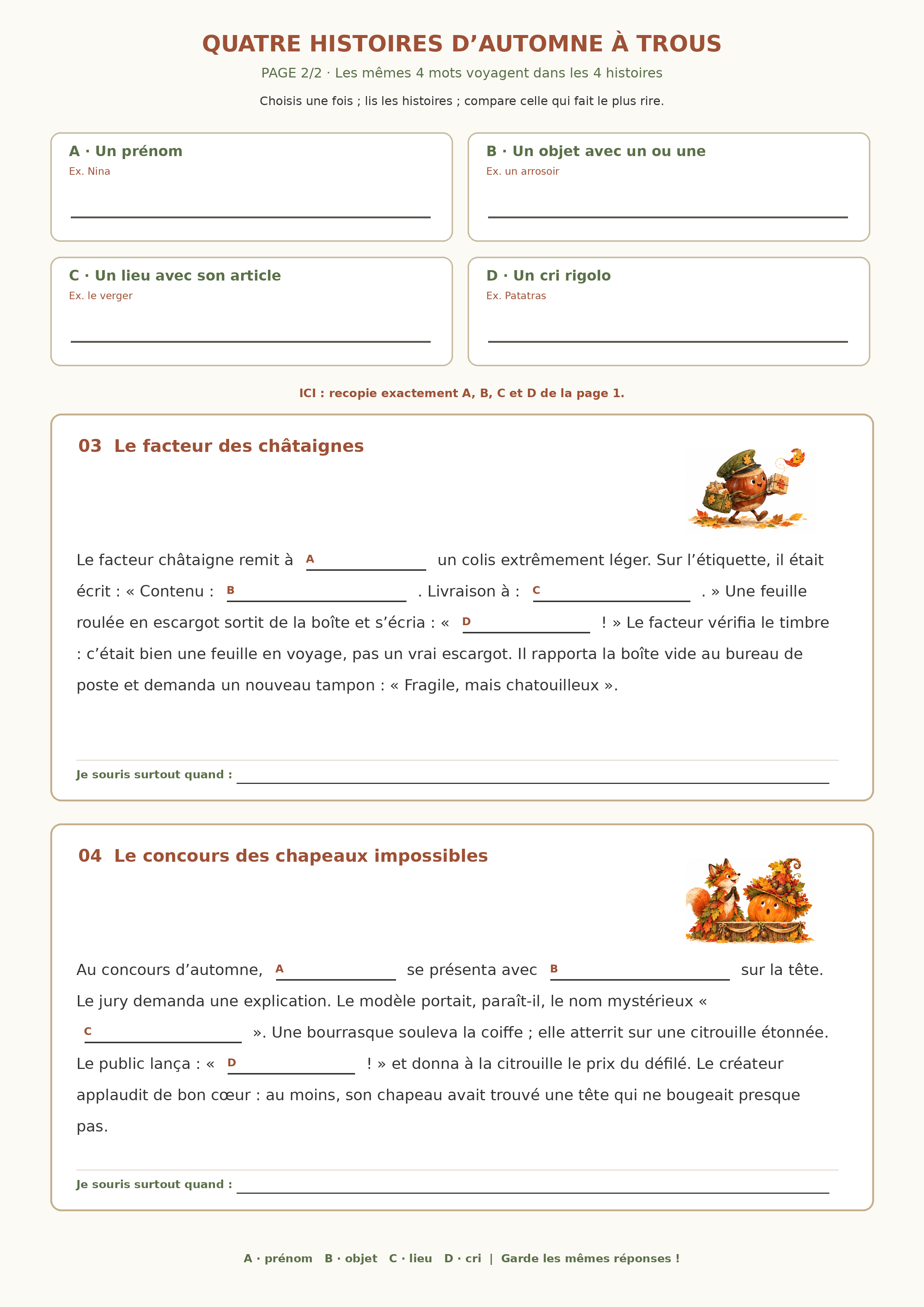 Seconde page A4 réutilisant les mêmes quatre mots dans deux nouvelles histoires à trous