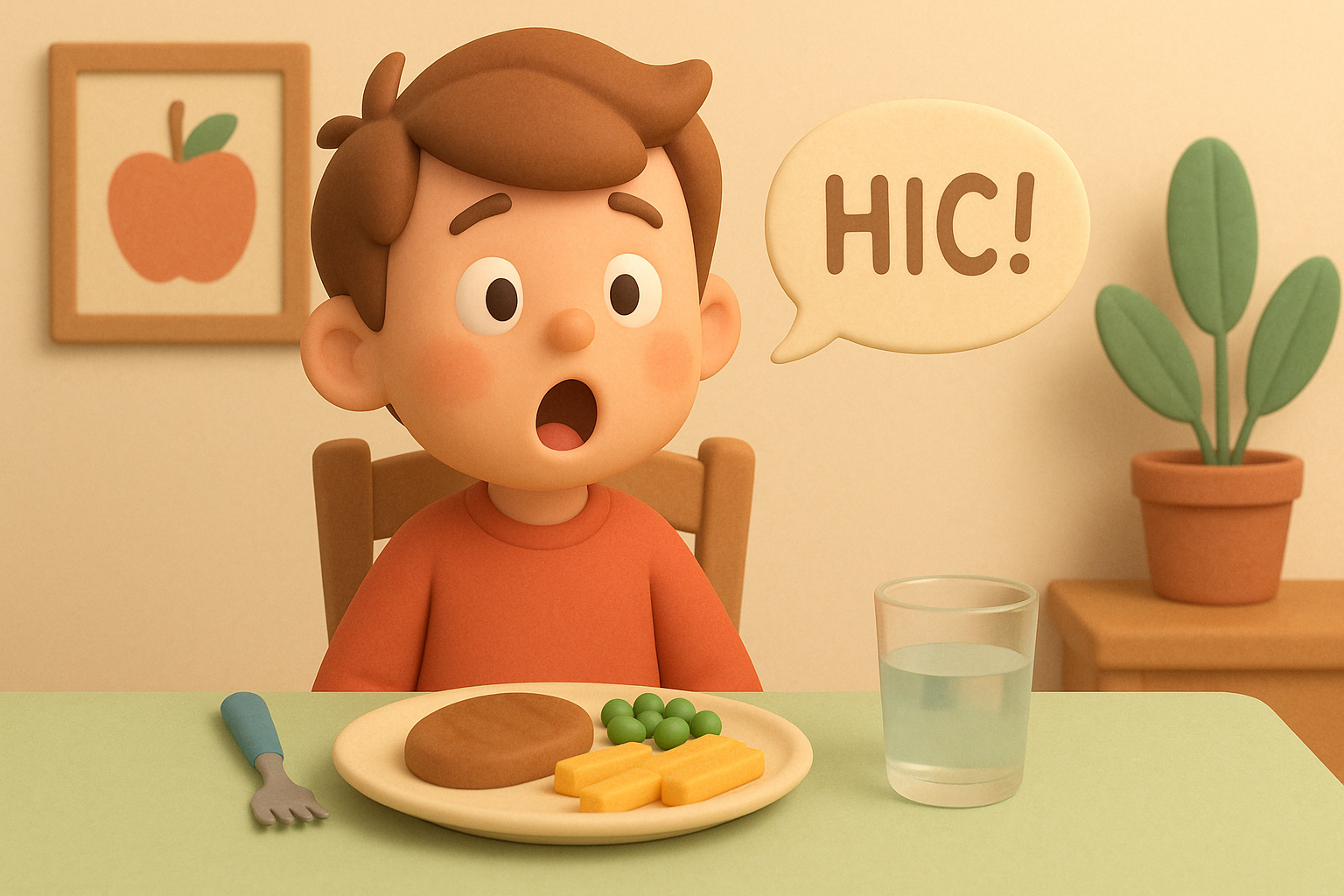 Enfant à table qui fait 'HIC!' en buvant, style 3D enfantin