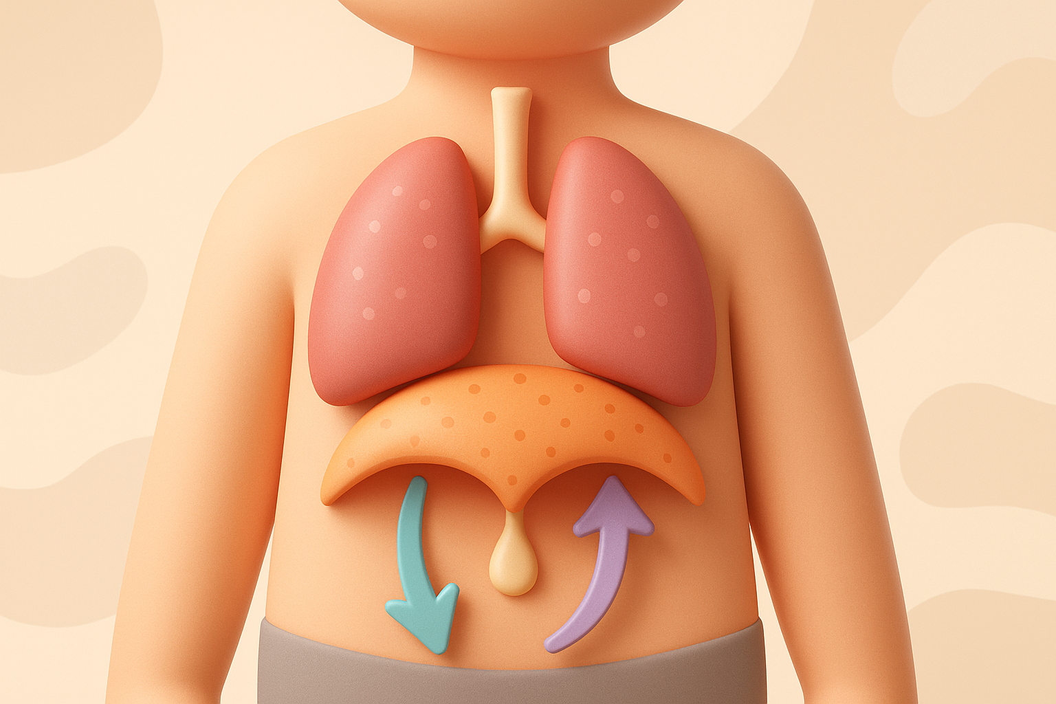 Schéma 3D stylisé du diaphragme sous les poumons (style pédagogique enfant)