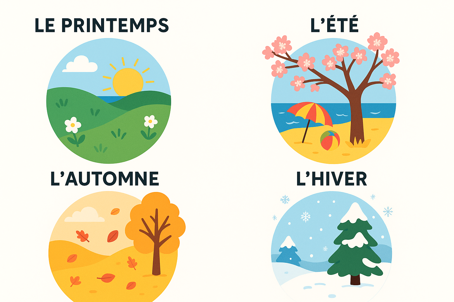 Illustration des quatre saisons : printemps, été, automne, hiver, en scènes simples et colorées