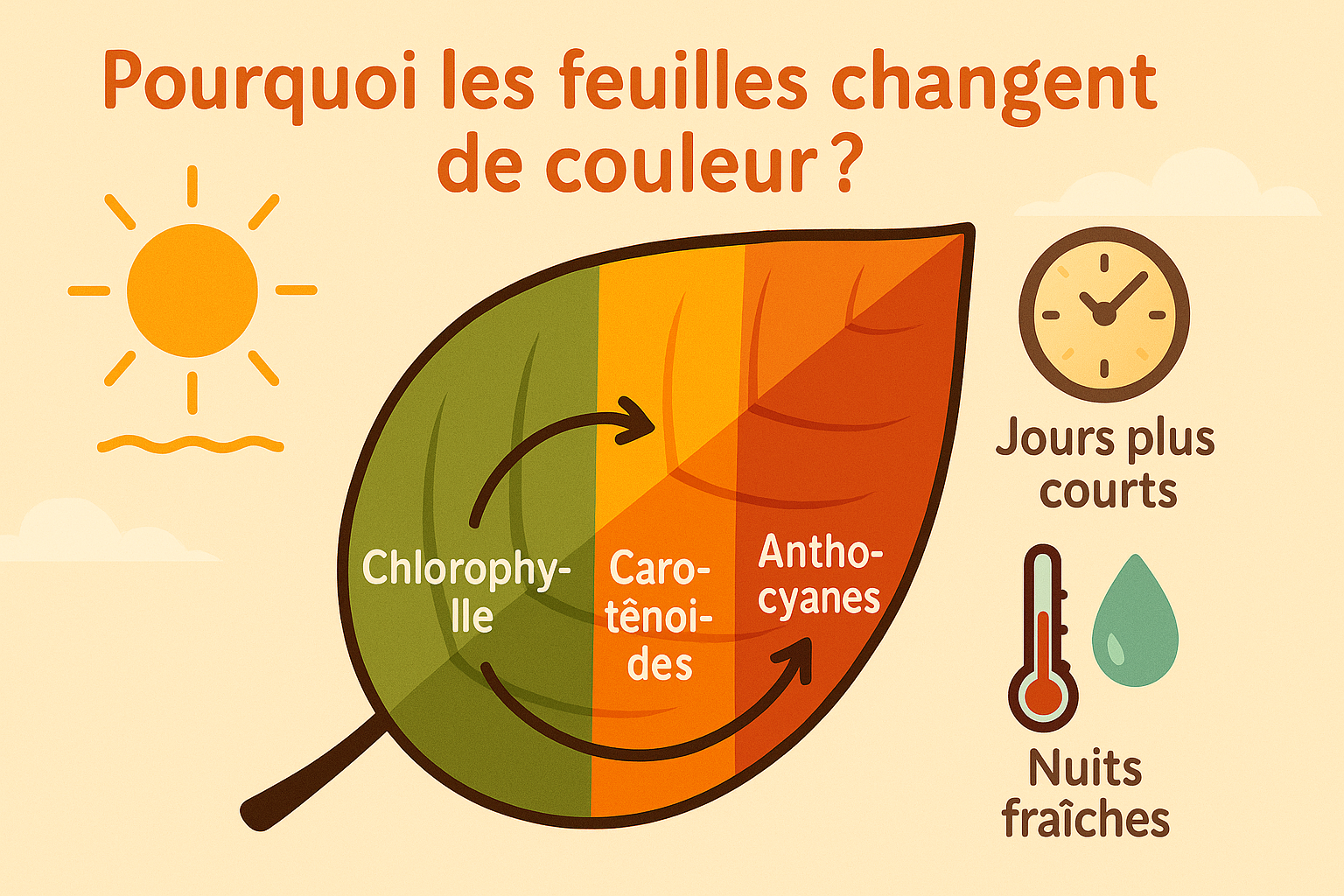 Infographie des pigments : chlorophylle, caroténoïdes, anthocyanes, tanins