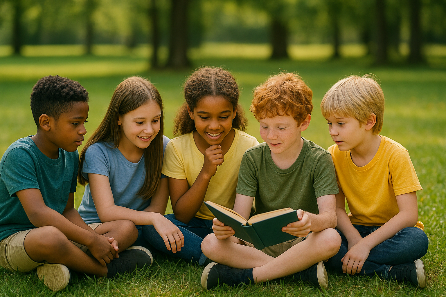 Groupe d'enfants en cercle, deux se parlent pendant une interview croisée