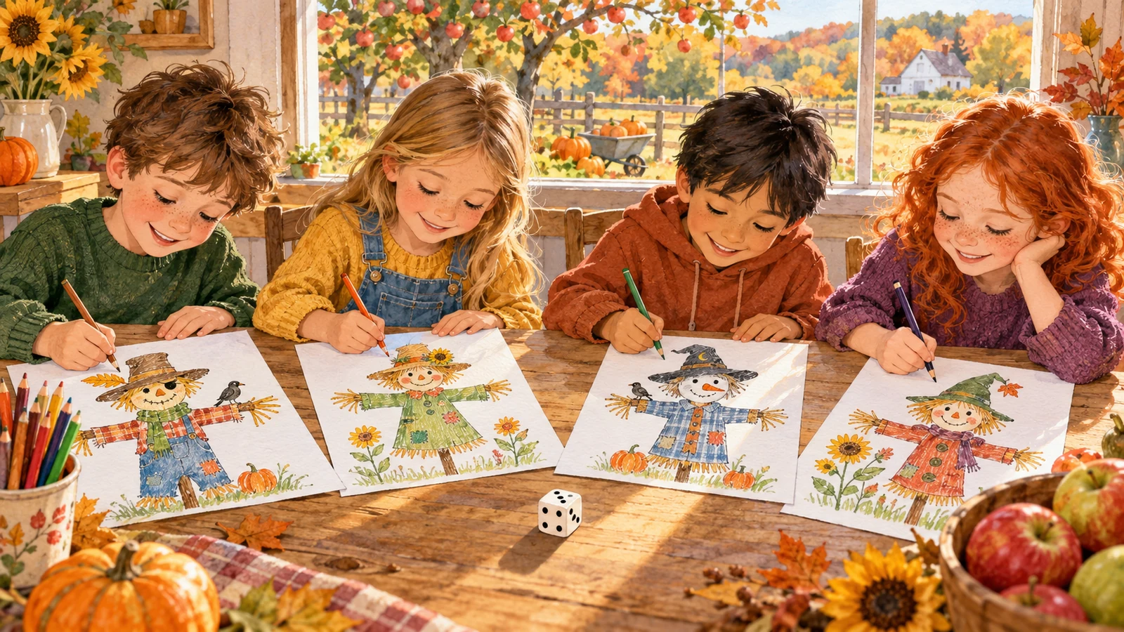 Lance le dé et dessine un épouvantail d’automne