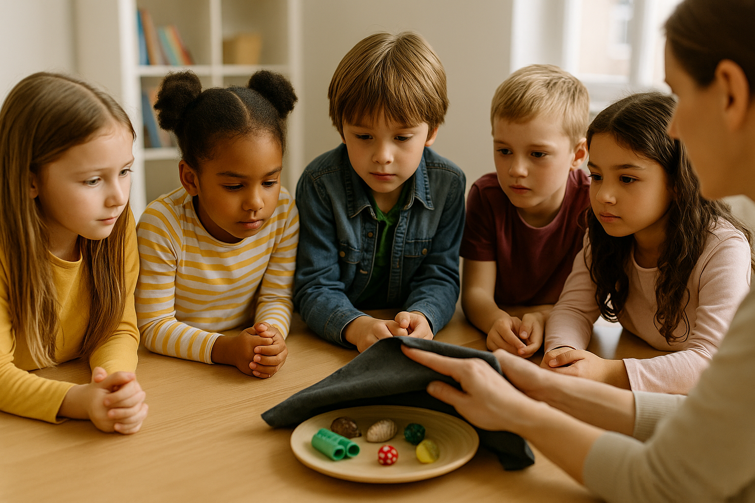 Jeu de Kim en petit groupe Enfants jouant au jeu de Kim avec des objets sur un plateau