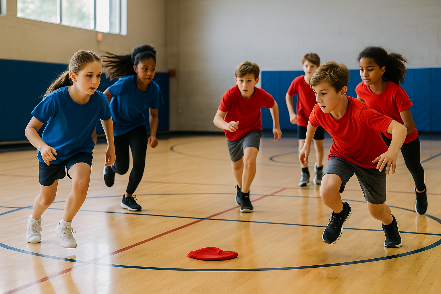Enfants en gymnase sprintant vers un béret au centre du terrain