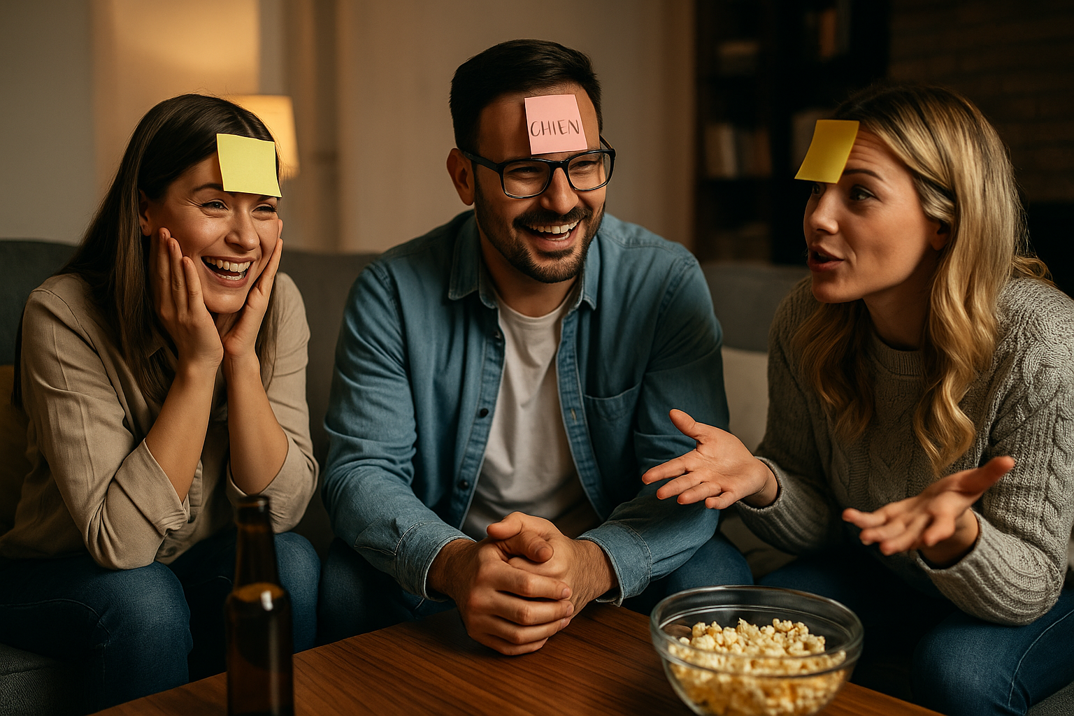 Convives avec des post-it collés sur le front, devinant leur personnage en posant des questions.