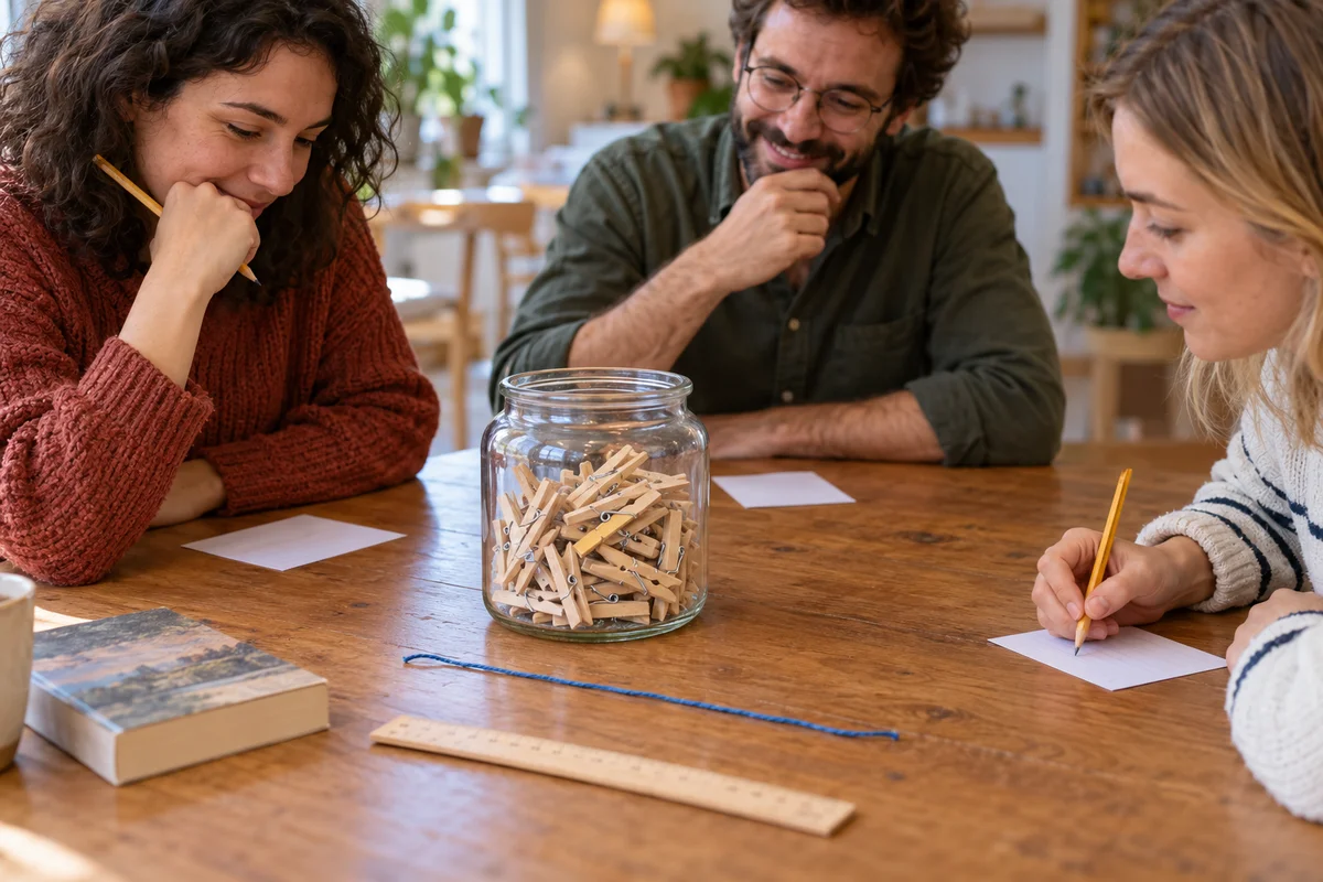 Des amis observent des objets posés sur une table avant de noter leur estimation