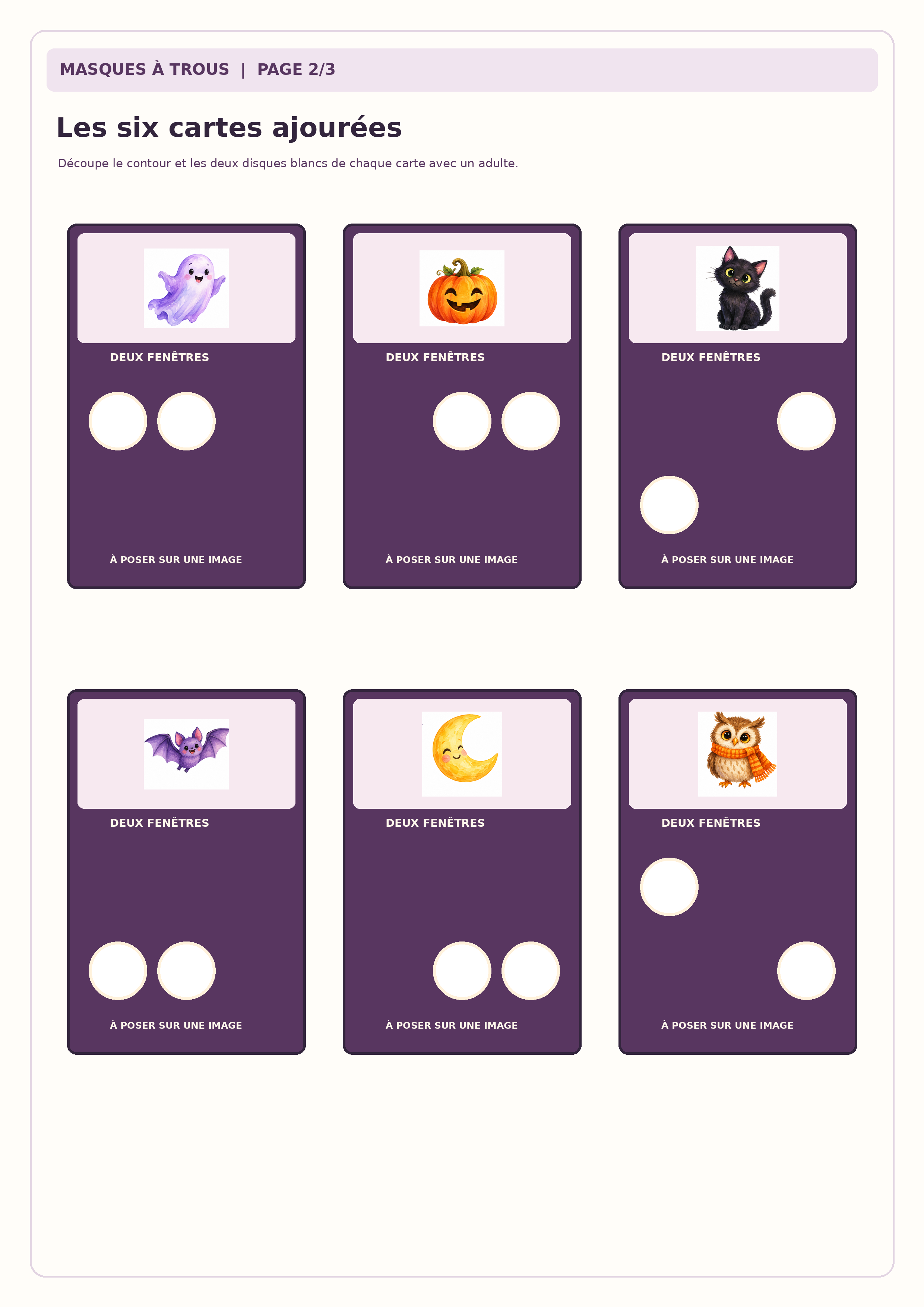Six cartes violettes Halloween à découper avec deux fenêtres blanches à évider sur chacune