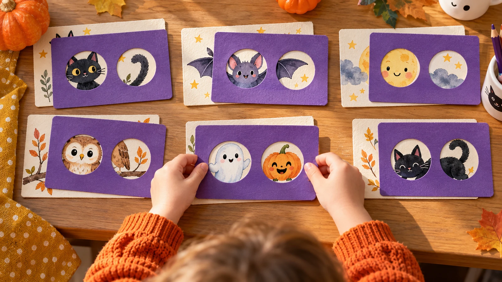 Jeu de superposition Halloween : six masques à deux fenêtres