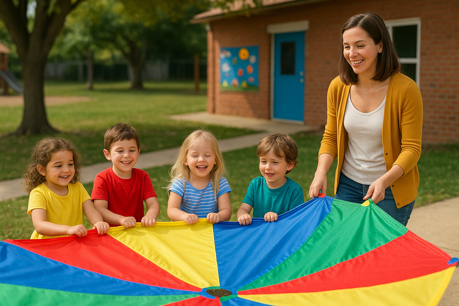Enfants et adulte tenant un grand parachute multicolore en extérieur, souriants.