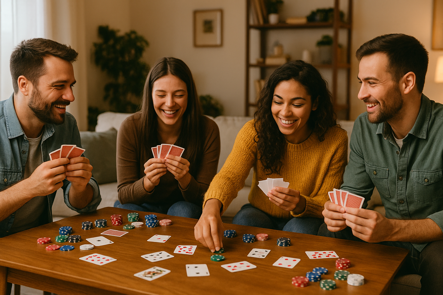 Amis jouant aux cartes avec quelques jetons symboliques et des boissons en arrière-plan.